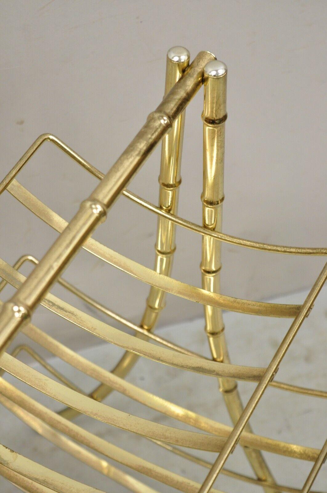 Vintage Gold Metal Faux Bamboo 3 Tier Hollywood Regency Magazine Rack Stand In Good Condition For Sale In Philadelphia, PA