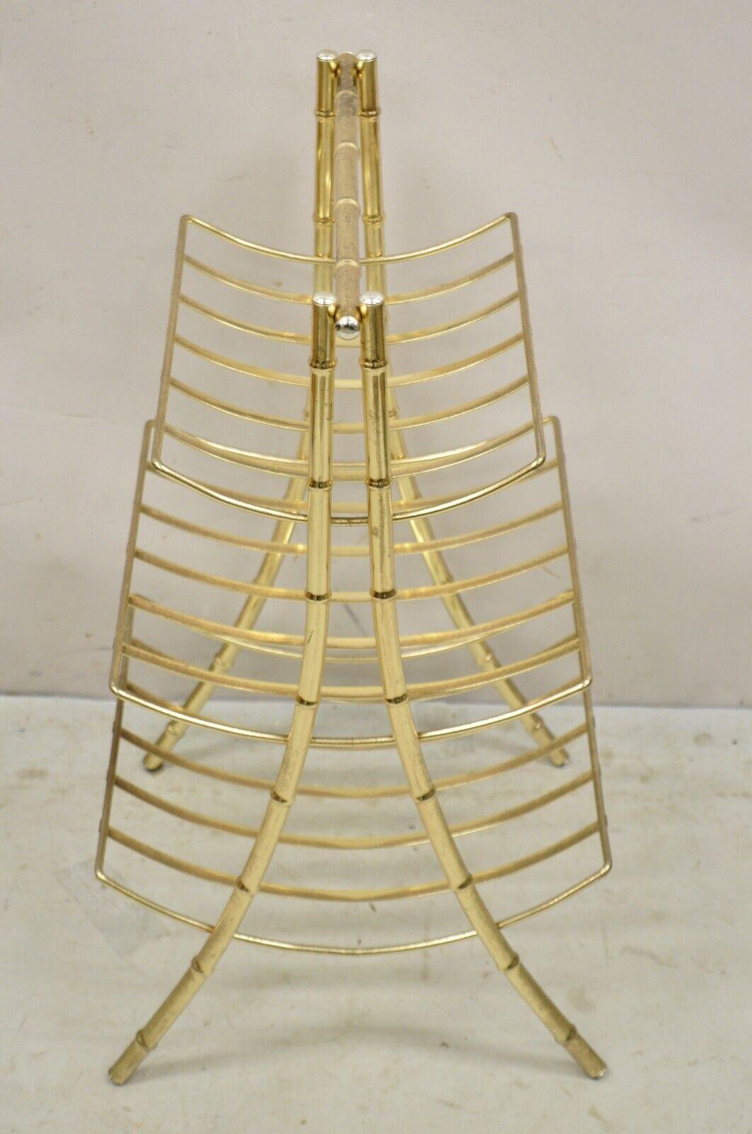 Vintage Gold Metal Faux Bamboo 3 Tier Hollywood Regency Magazine Rack Stand For Sale 1