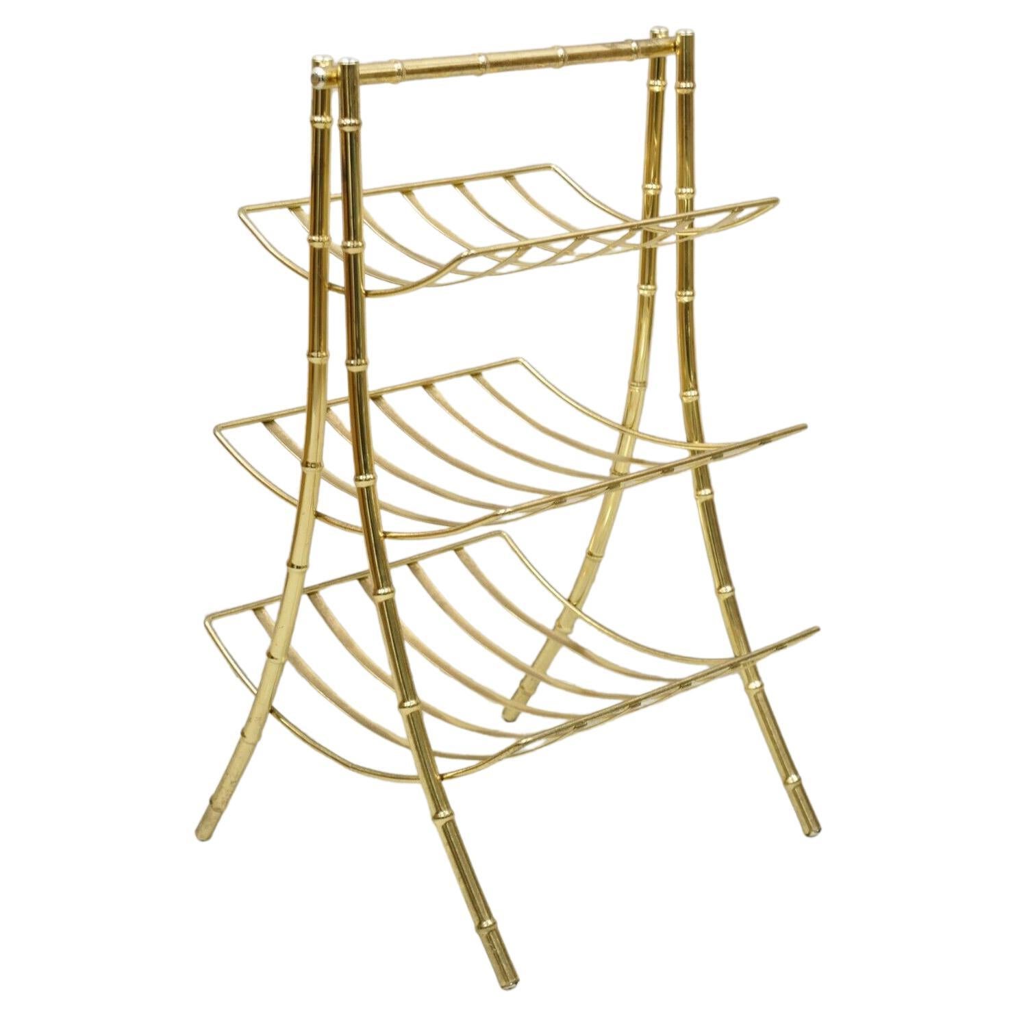 Vintage Gold Metal Faux Bamboo 3 Tiers Hollywood Regency Magazine Rack Stand