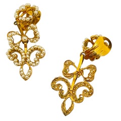 Vintage gold micro pearl bow drop clip on earrings