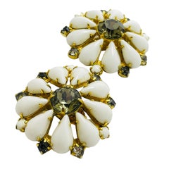 Vintage gold milk glass stones designer clip on earrings
