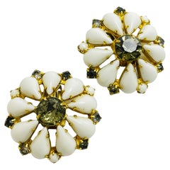 Vintage gold milk glass stones designer clip on earrings