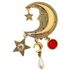 Vintage gold moon stars dangle pearl rhinestone charms brooch