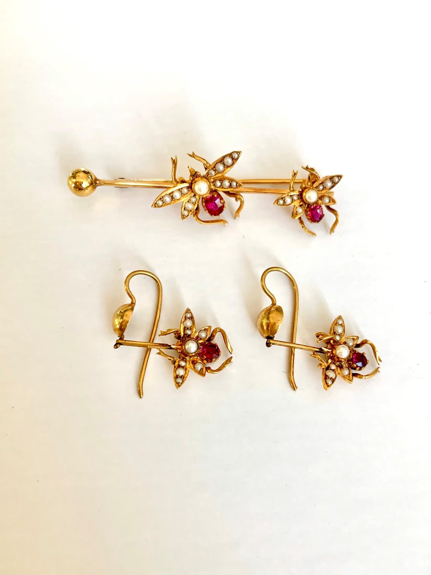 Round Cut Vintage Gold Insect Pin and Earring Set