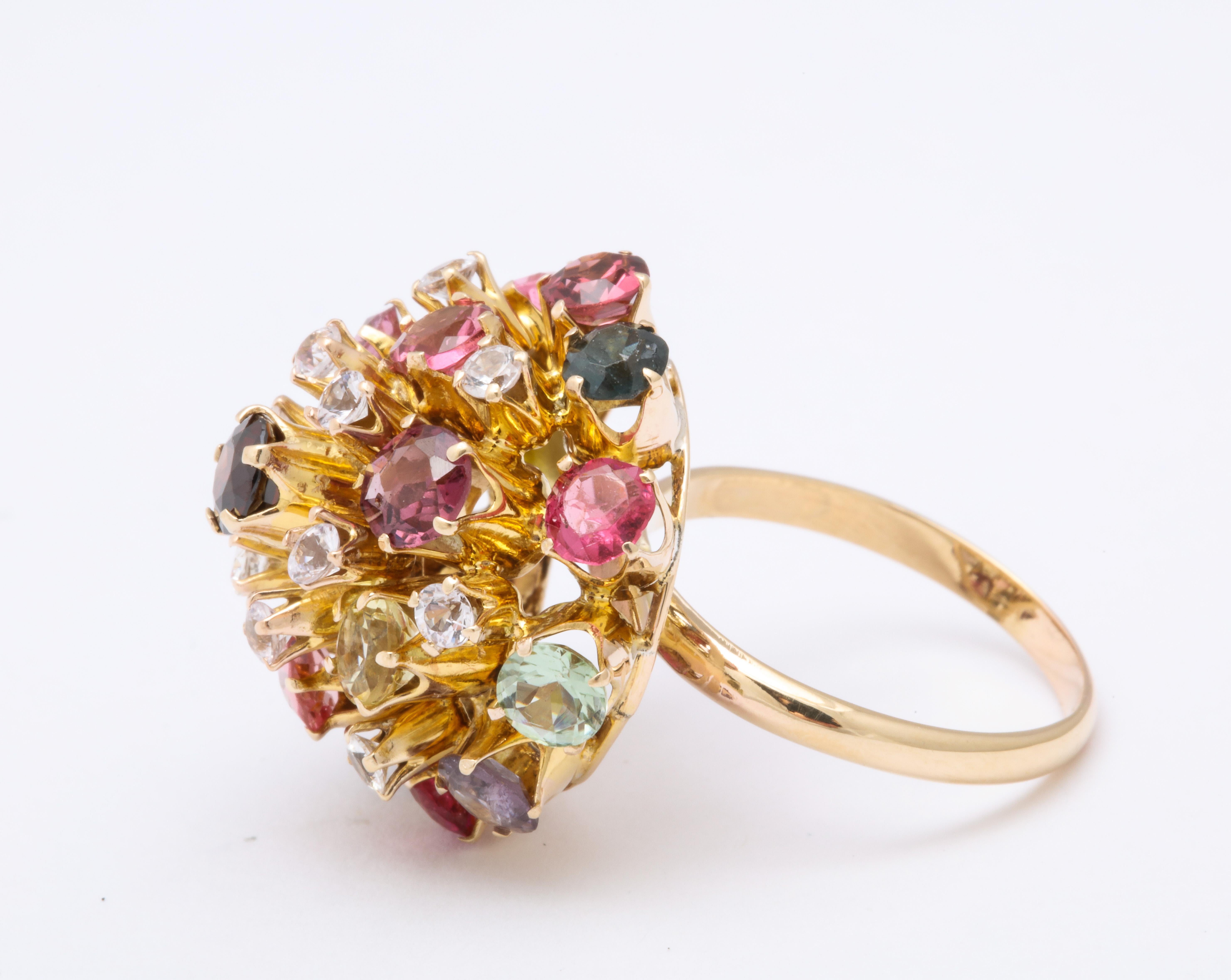 Modern Vintage Gold Multi Gemstone Sputnik Ring For Sale