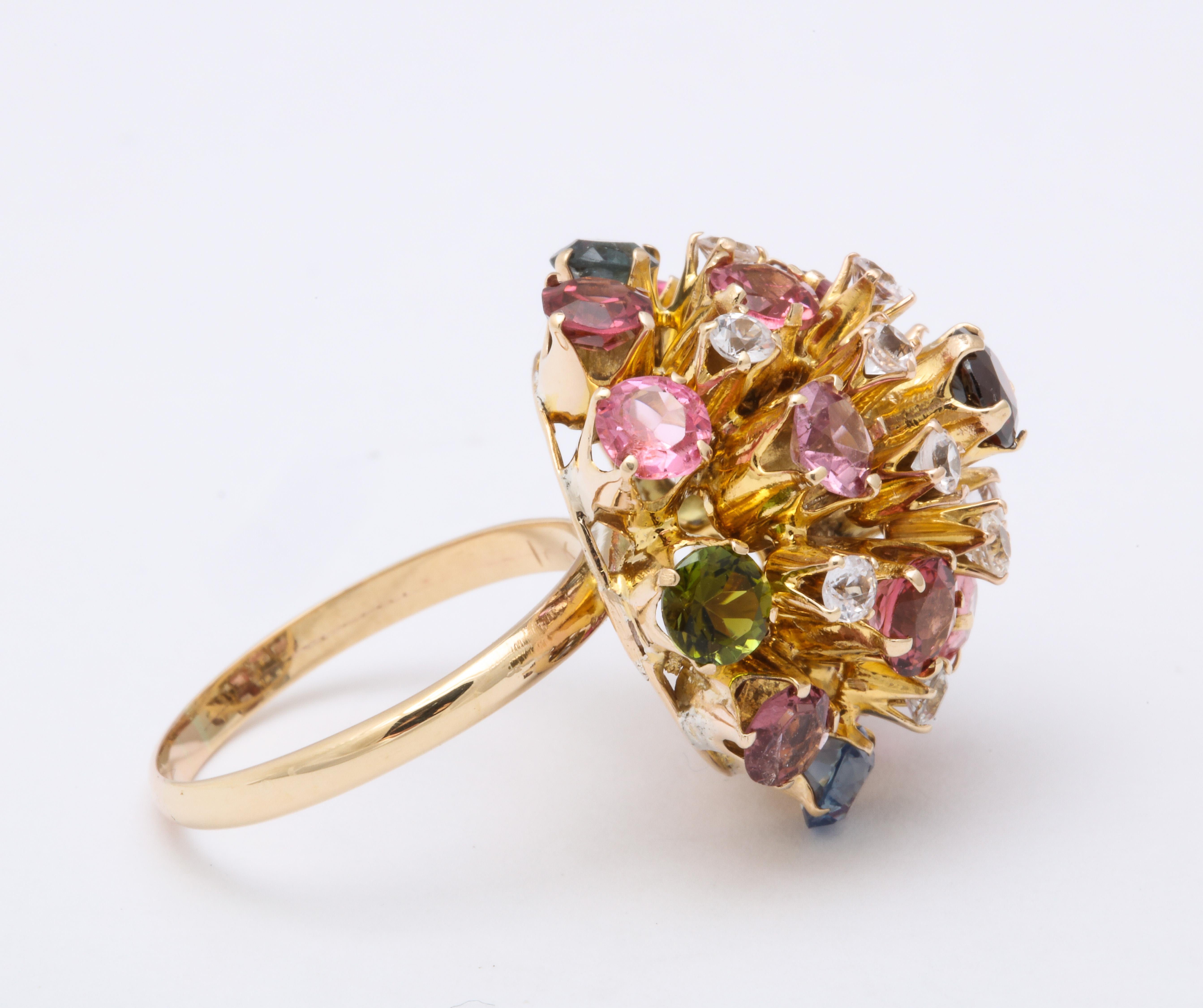 Round Cut Vintage Gold Multi Gemstone Sputnik Ring For Sale