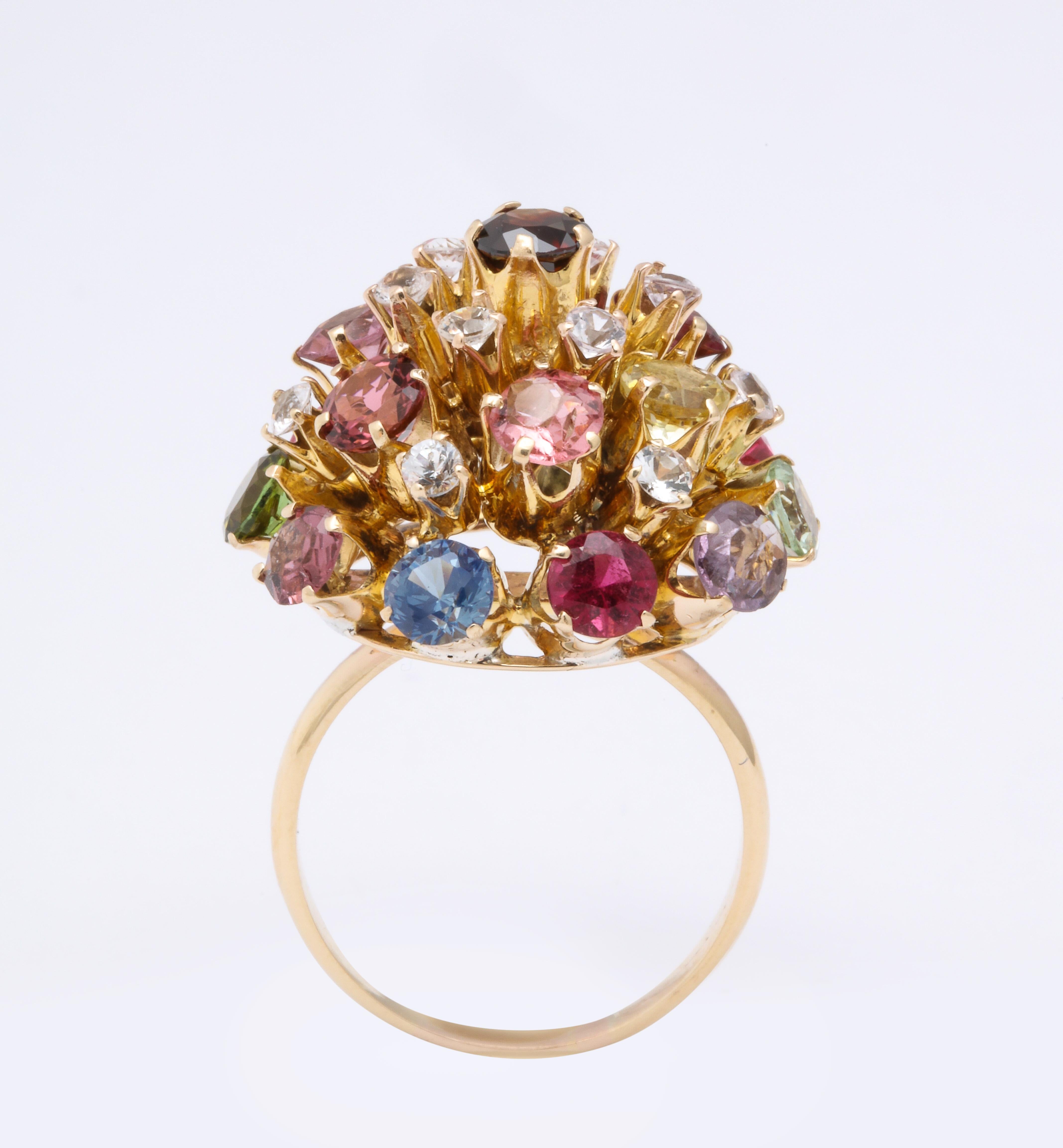 Vintage Gold Multi Gemstone Sputnik Ring In Excellent Condition For Sale In Stamford, CT