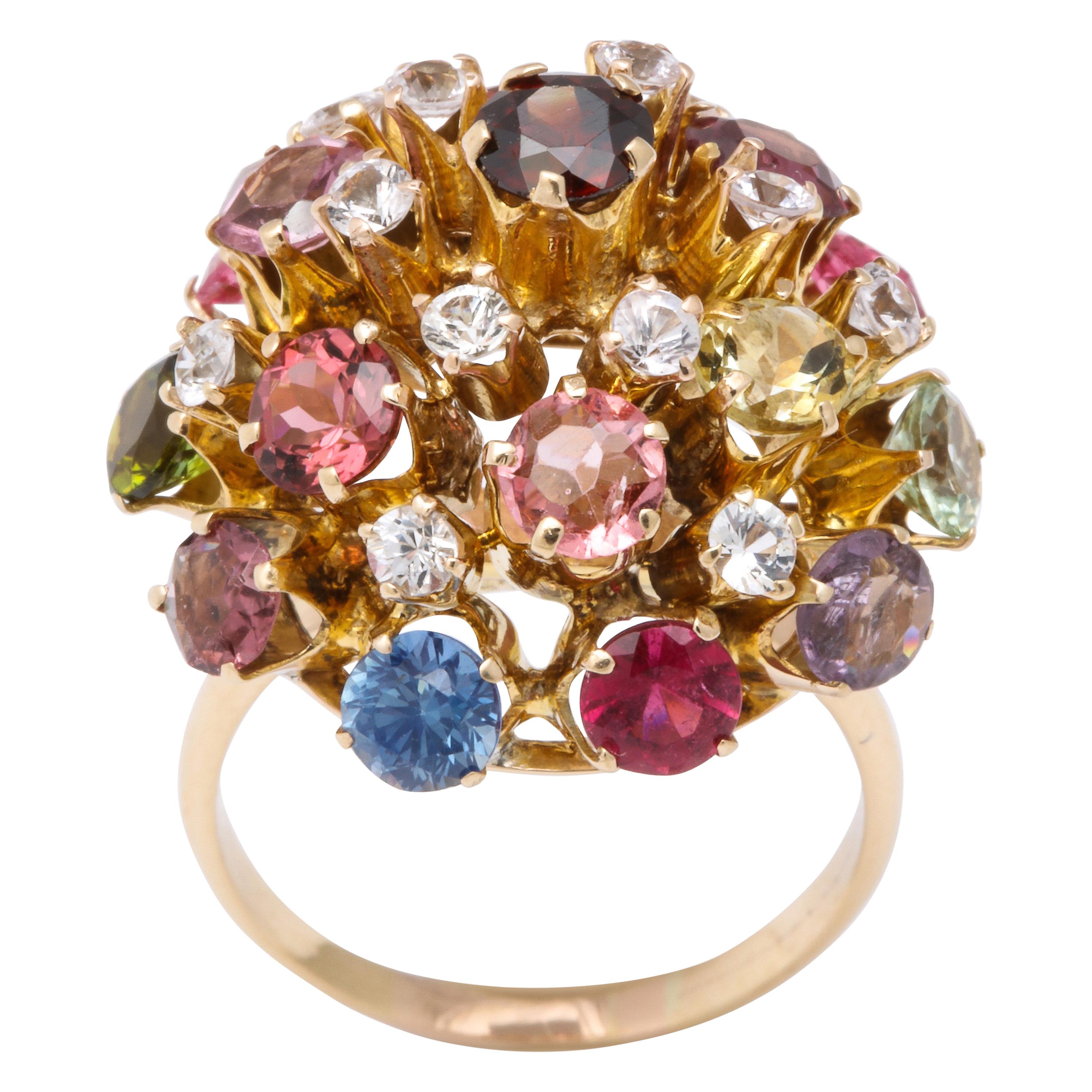 Vintage Gold Multi Gemstone Sputnik Ring For Sale