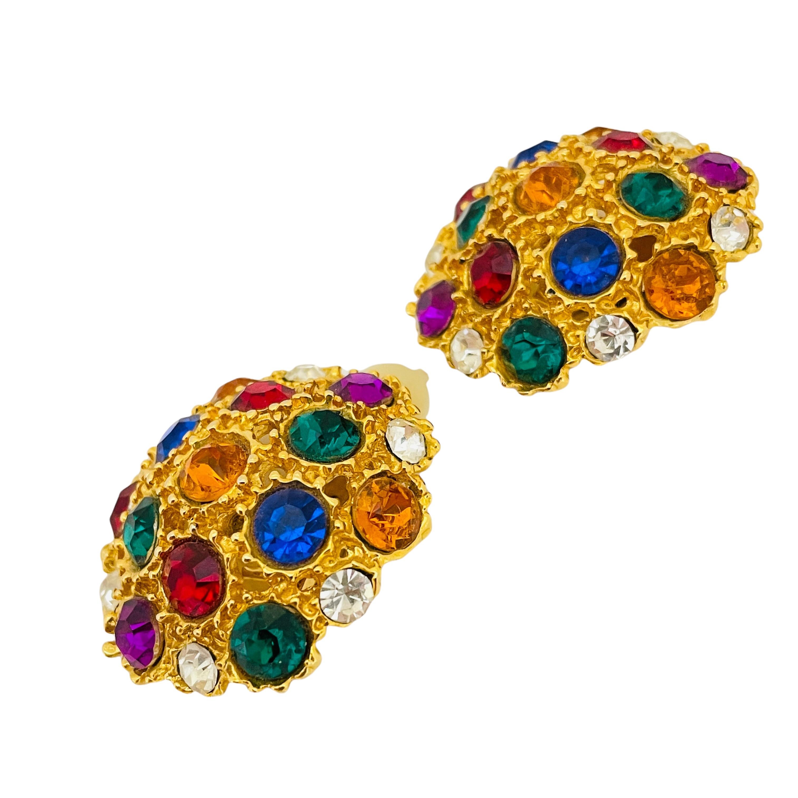 Women's Vintage gold multicolor rhinestone designer runway clip on earrings For Sale