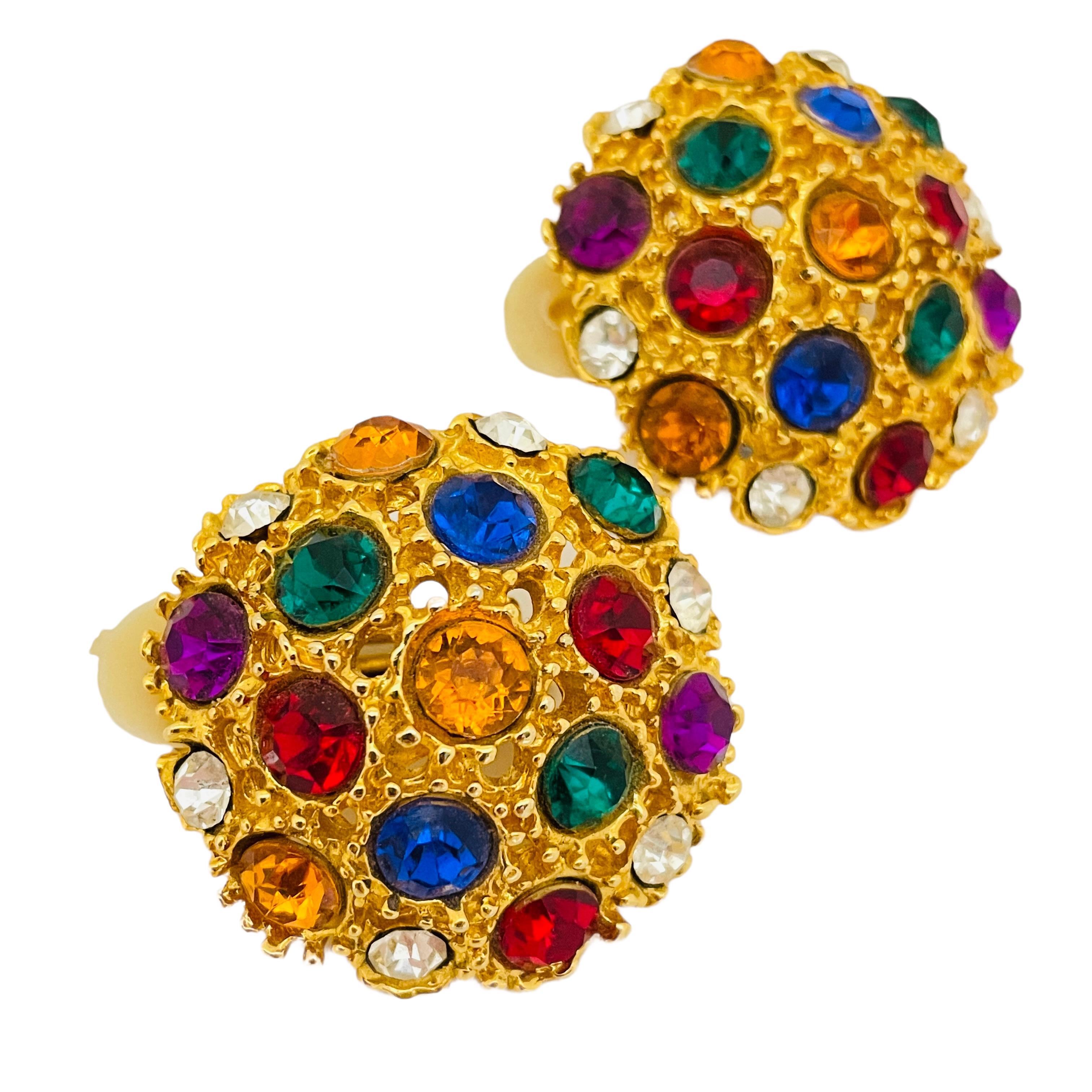 Vintage gold multicolor rhinestone designer runway clip on earrings For Sale 1