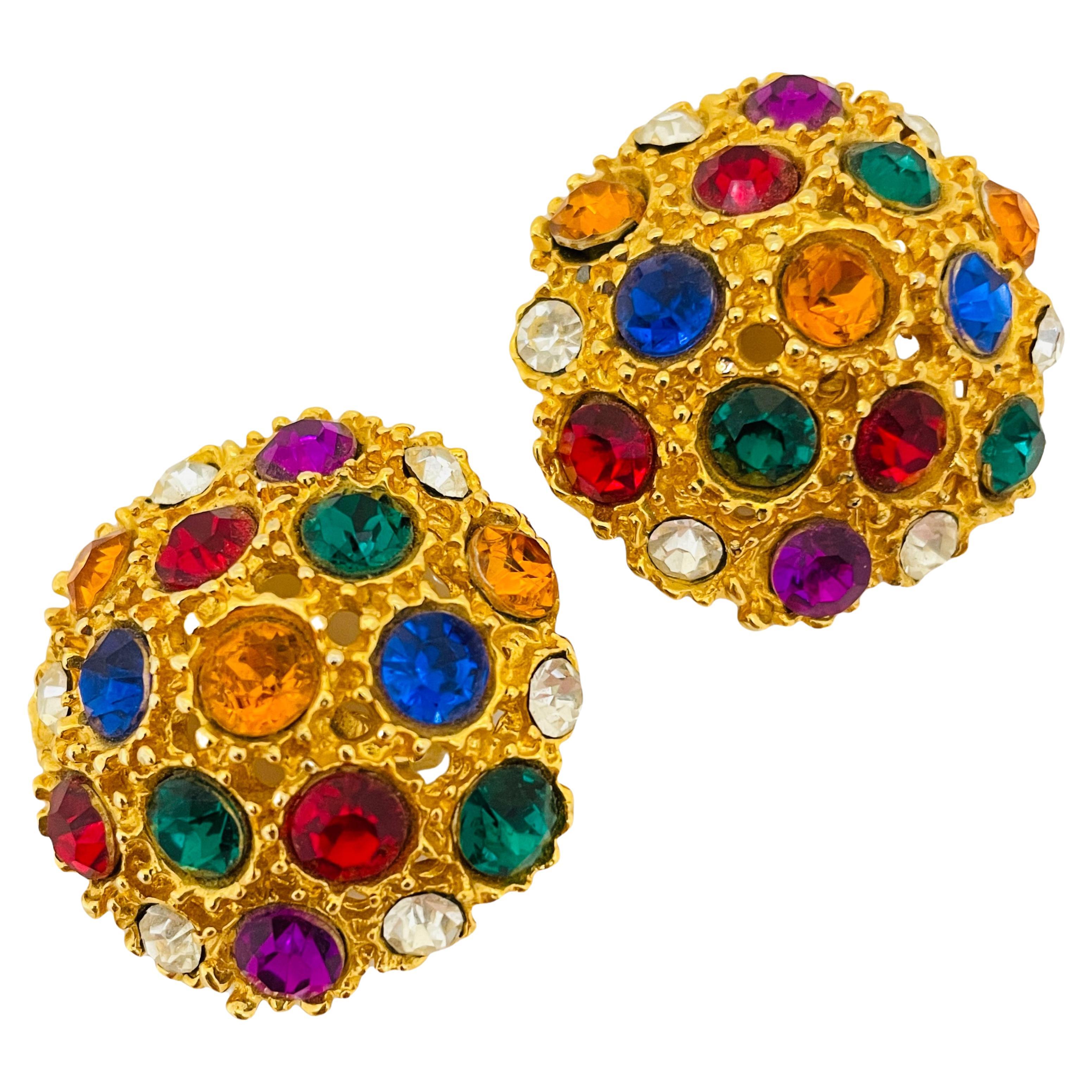 Vintage gold multicolor rhinestone designer runway clip on earrings For Sale