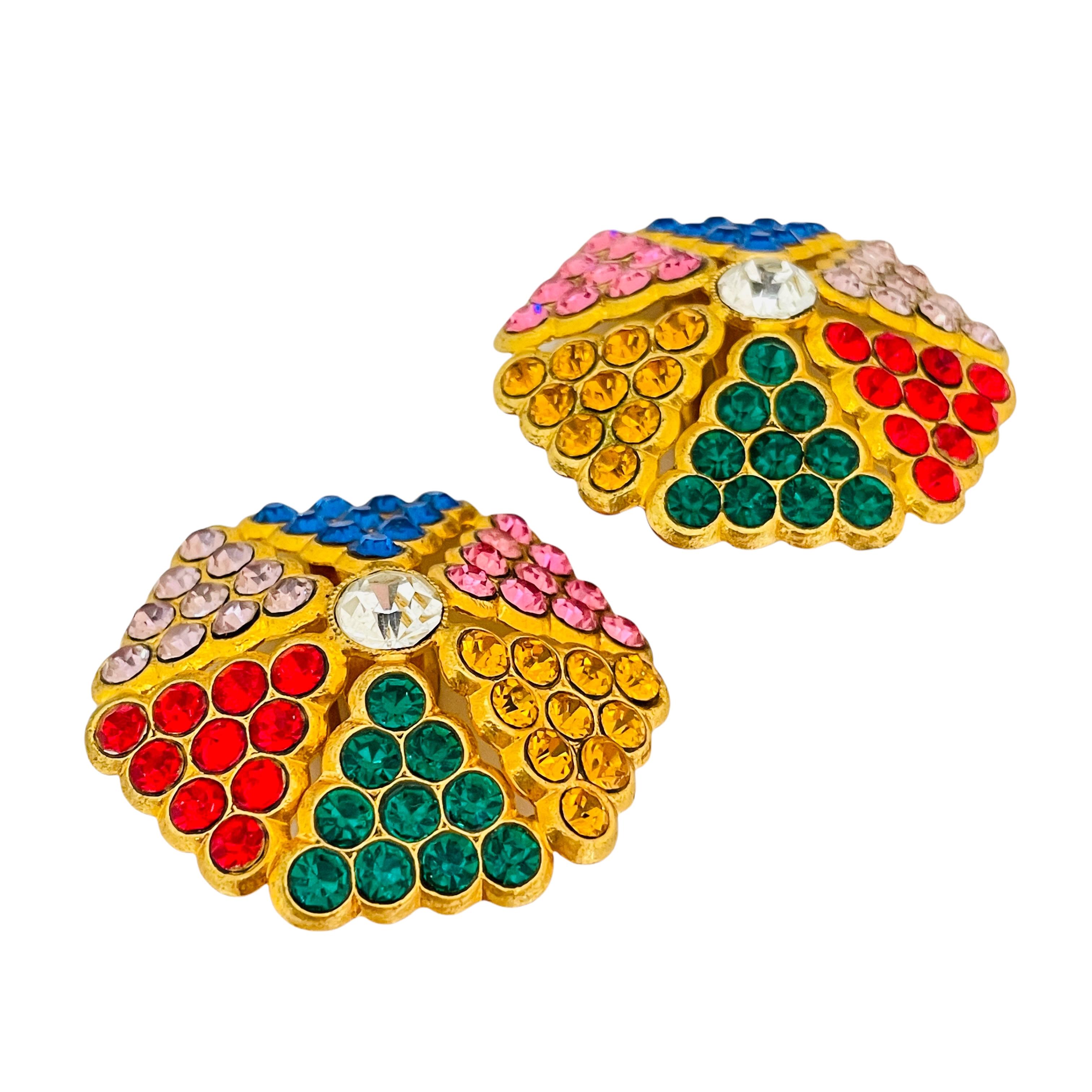Vintage gold multicolor rhinestones designer runway clip on earrings In Good Condition For Sale In Palos Hills, IL