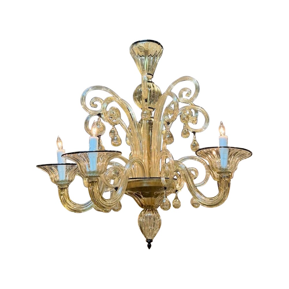 Lampadario d
oro vintage in vetro di Murano con finiture nere