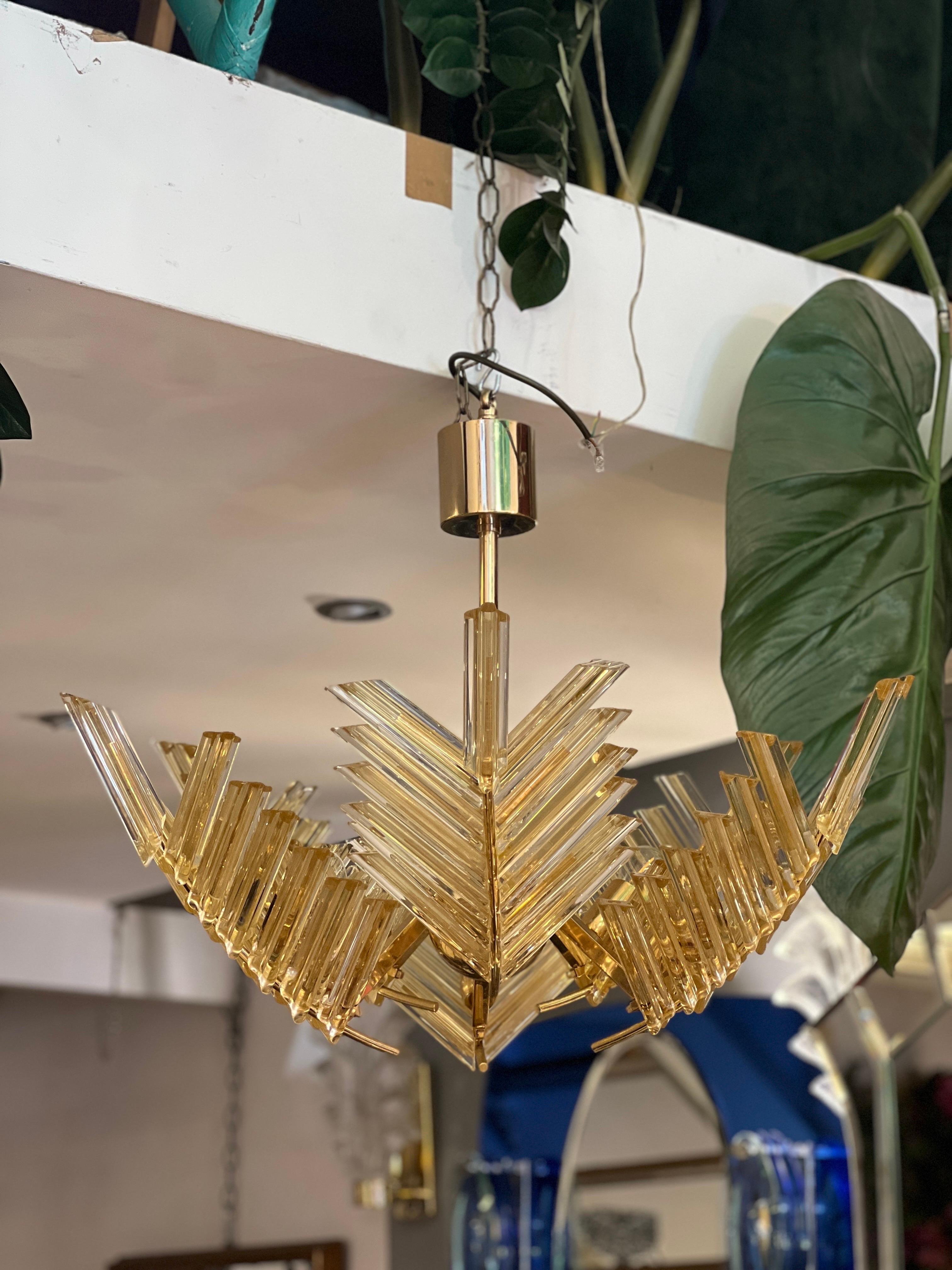 Vintage Gold Murano Glass Palm Leaves and Brass Chandelier 1970 For Sale 4