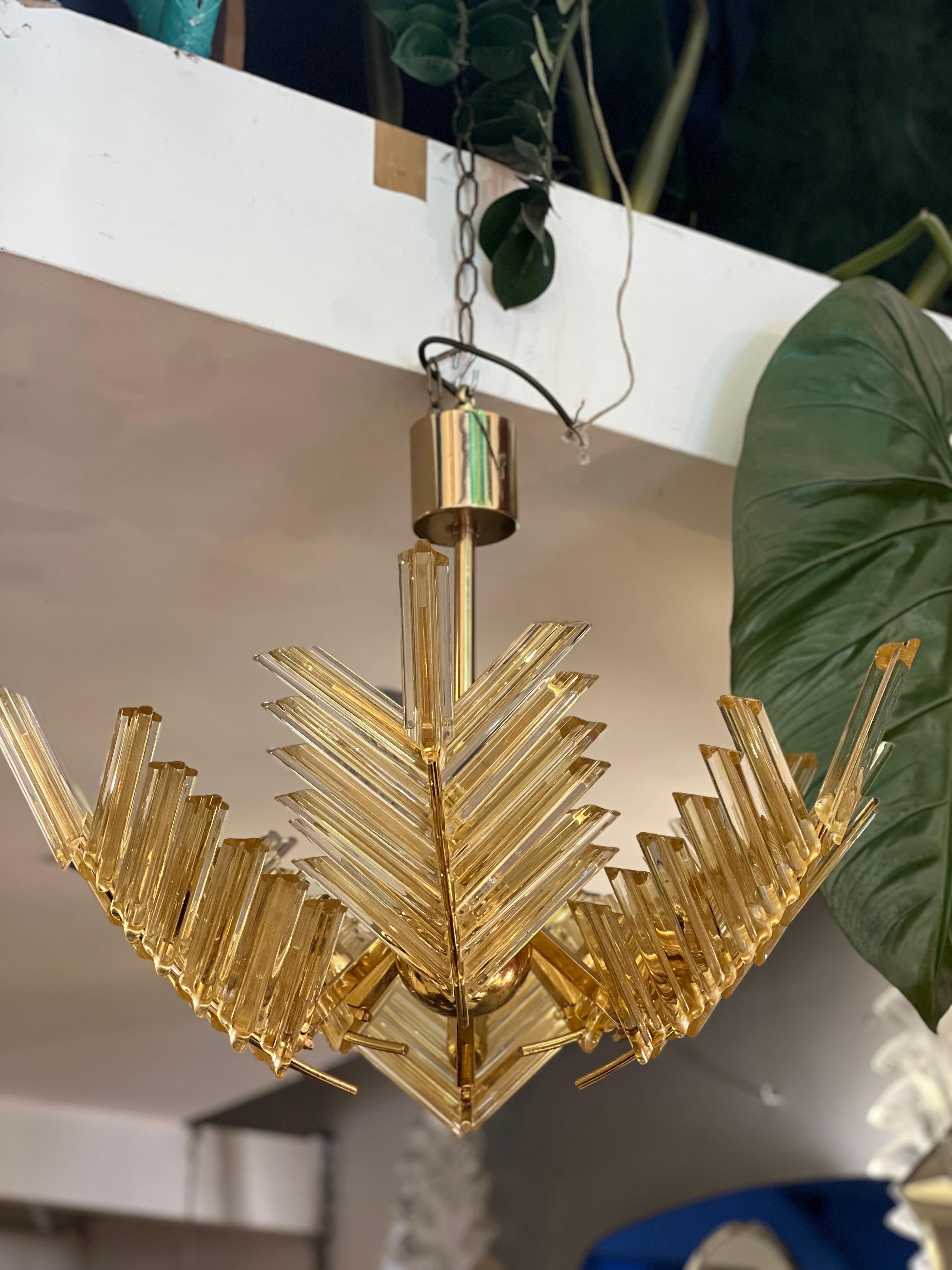Vintage Gold Murano Glass Palm Leaves and Brass Chandelier 1970 For Sale 5