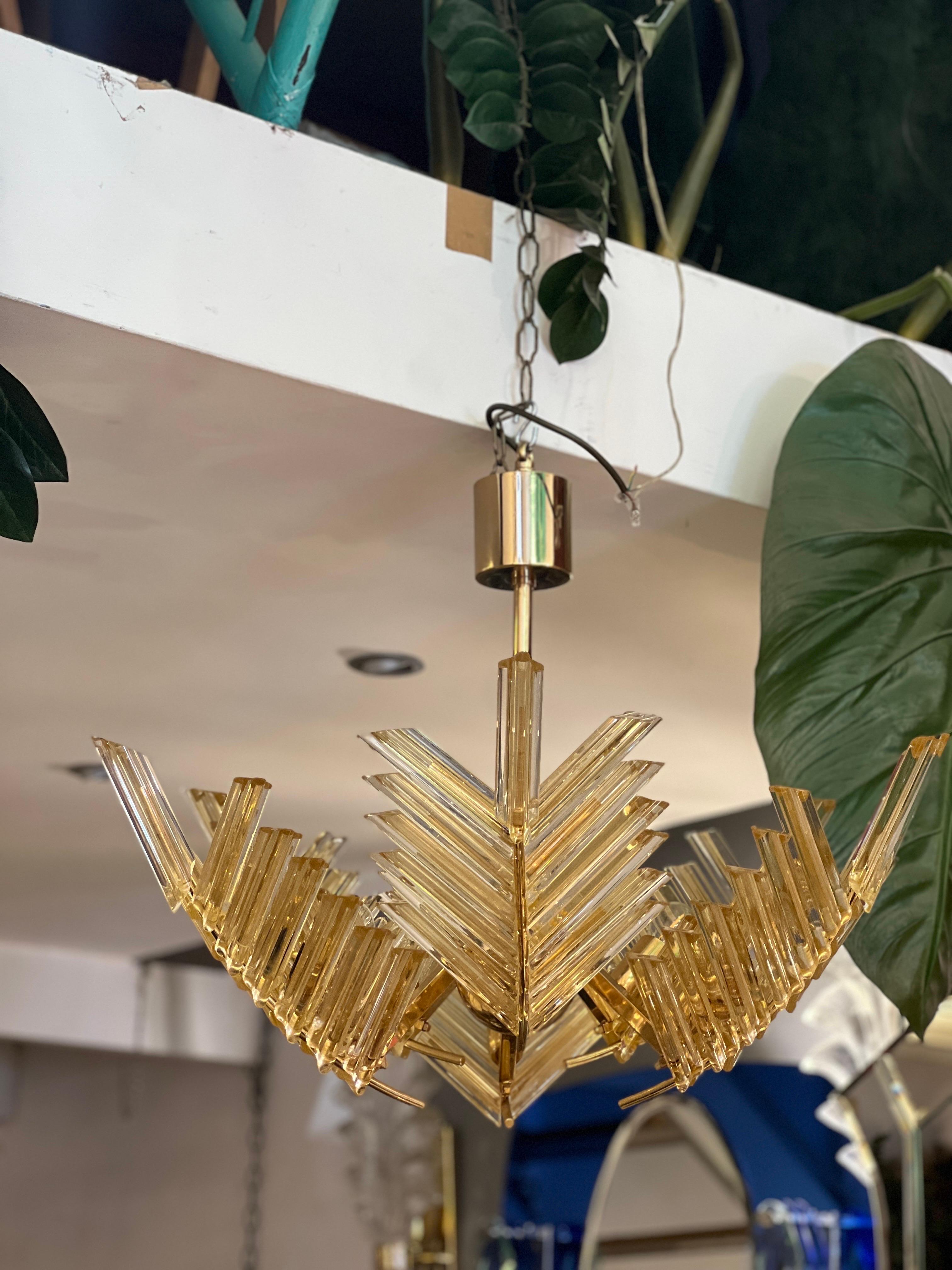 Vintage Gold Murano Glass Palm Leaves and Brass Chandelier 1970 For Sale 6