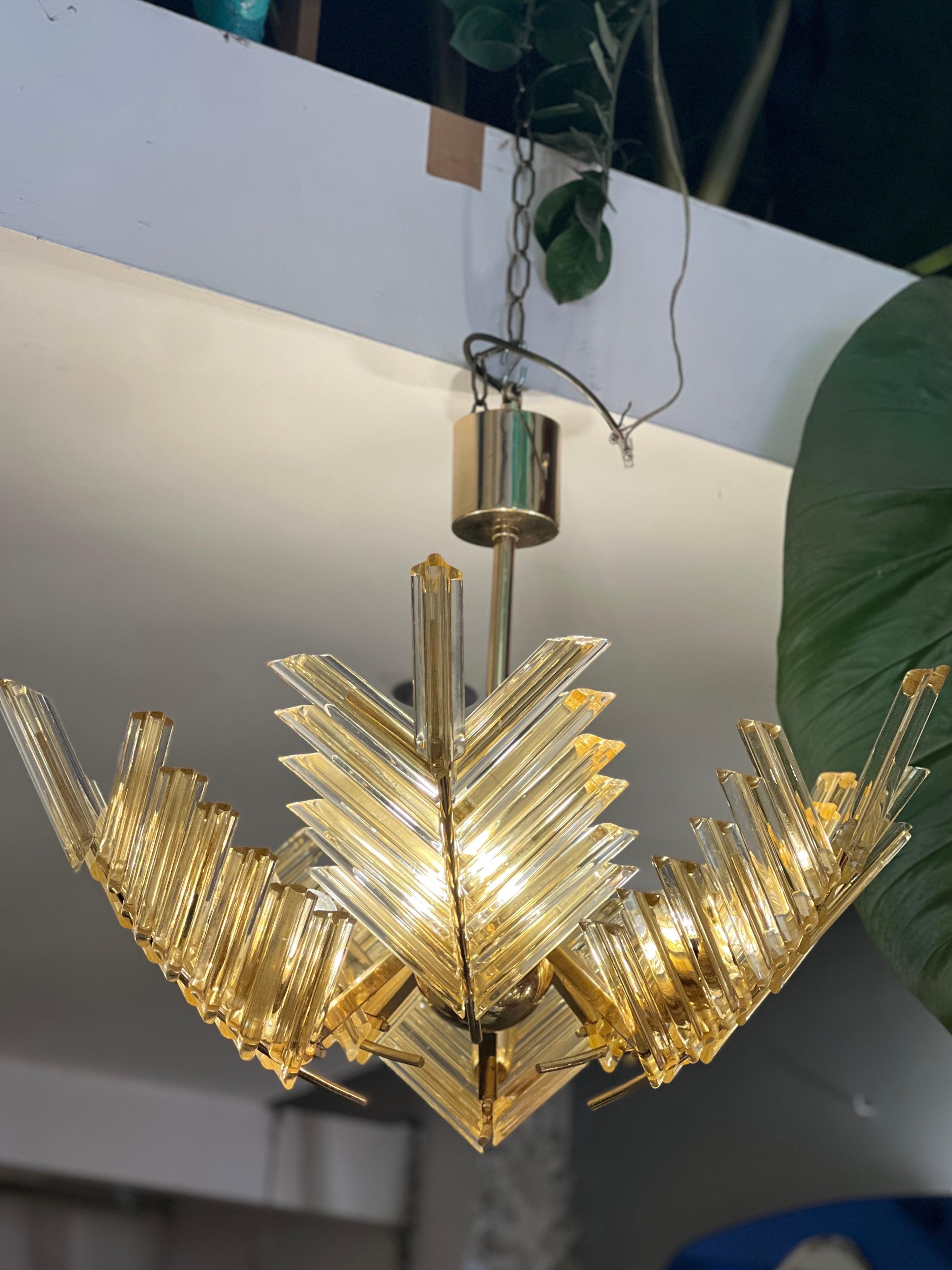 Mid-Century Modern Vintage Gold Murano Glass Palm Leaves and Brass Chandelier 1970 For Sale