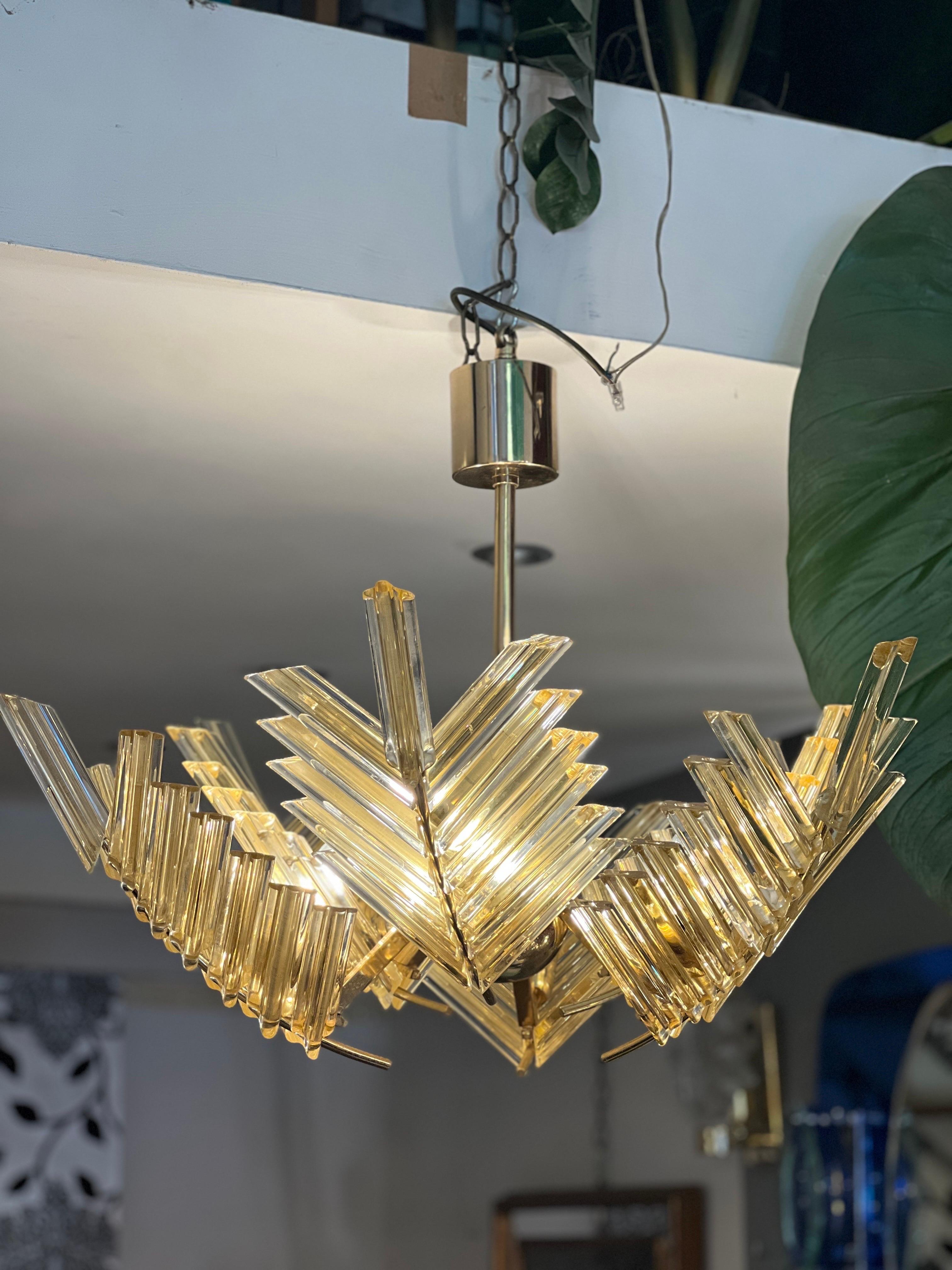 Italian Vintage Gold Murano Glass Palm Leaves and Brass Chandelier 1970 For Sale