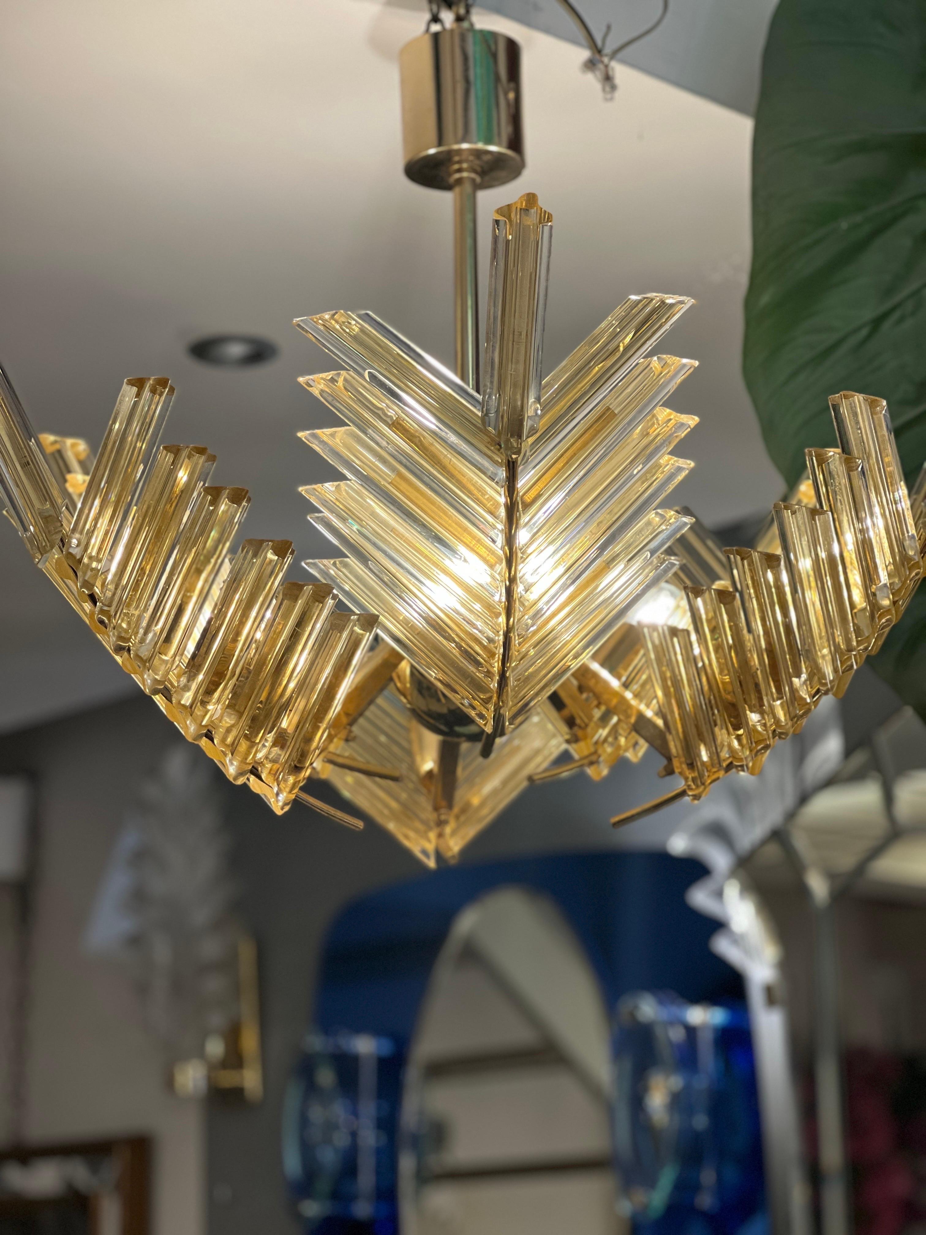 Vintage Gold Murano Glass Palm Leaves and Brass Chandelier 1970 In Good Condition For Sale In Florence, IT