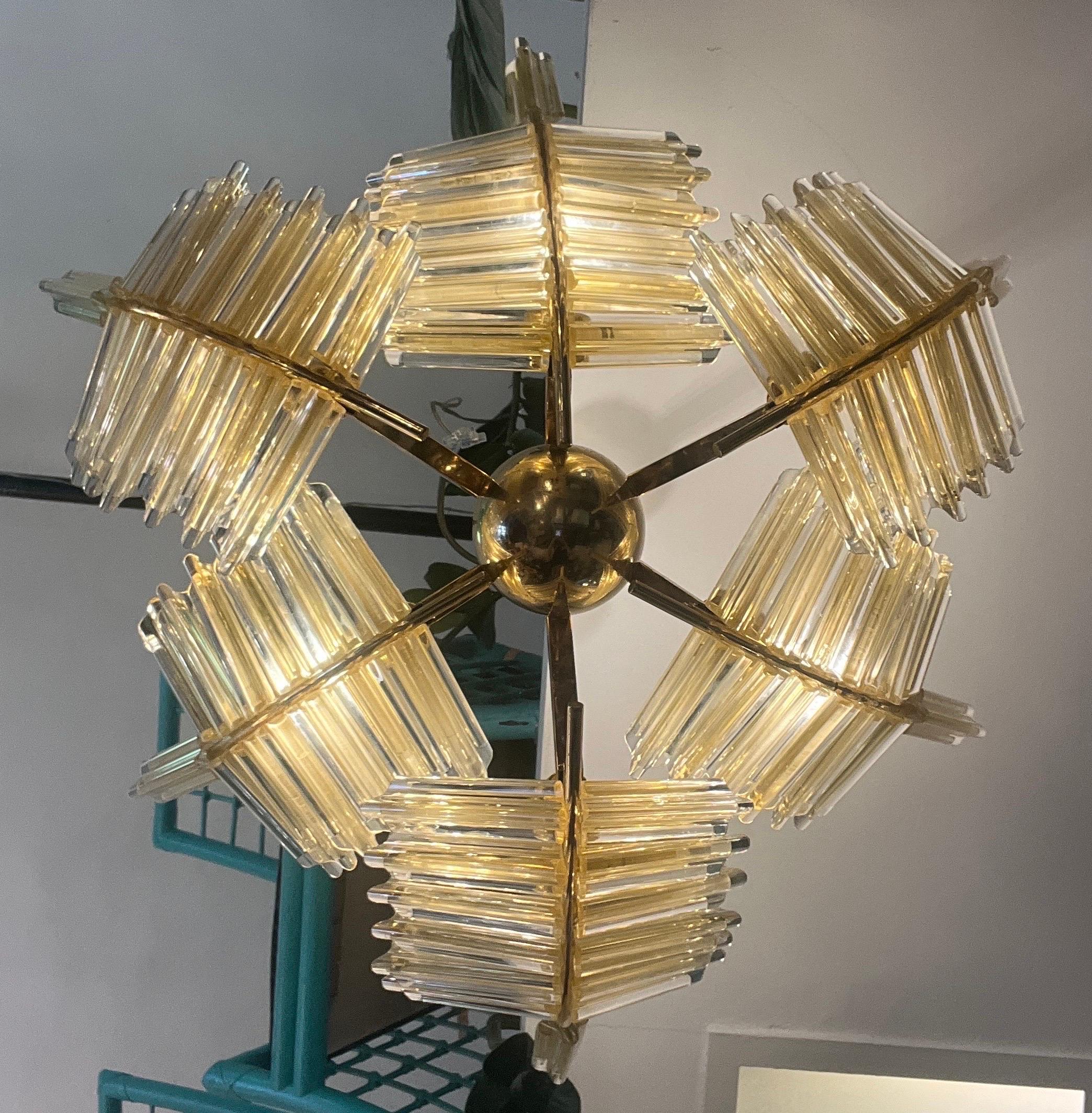 Late 20th Century Vintage Gold Murano Glass Palm Leaves and Brass Chandelier 1970 For Sale