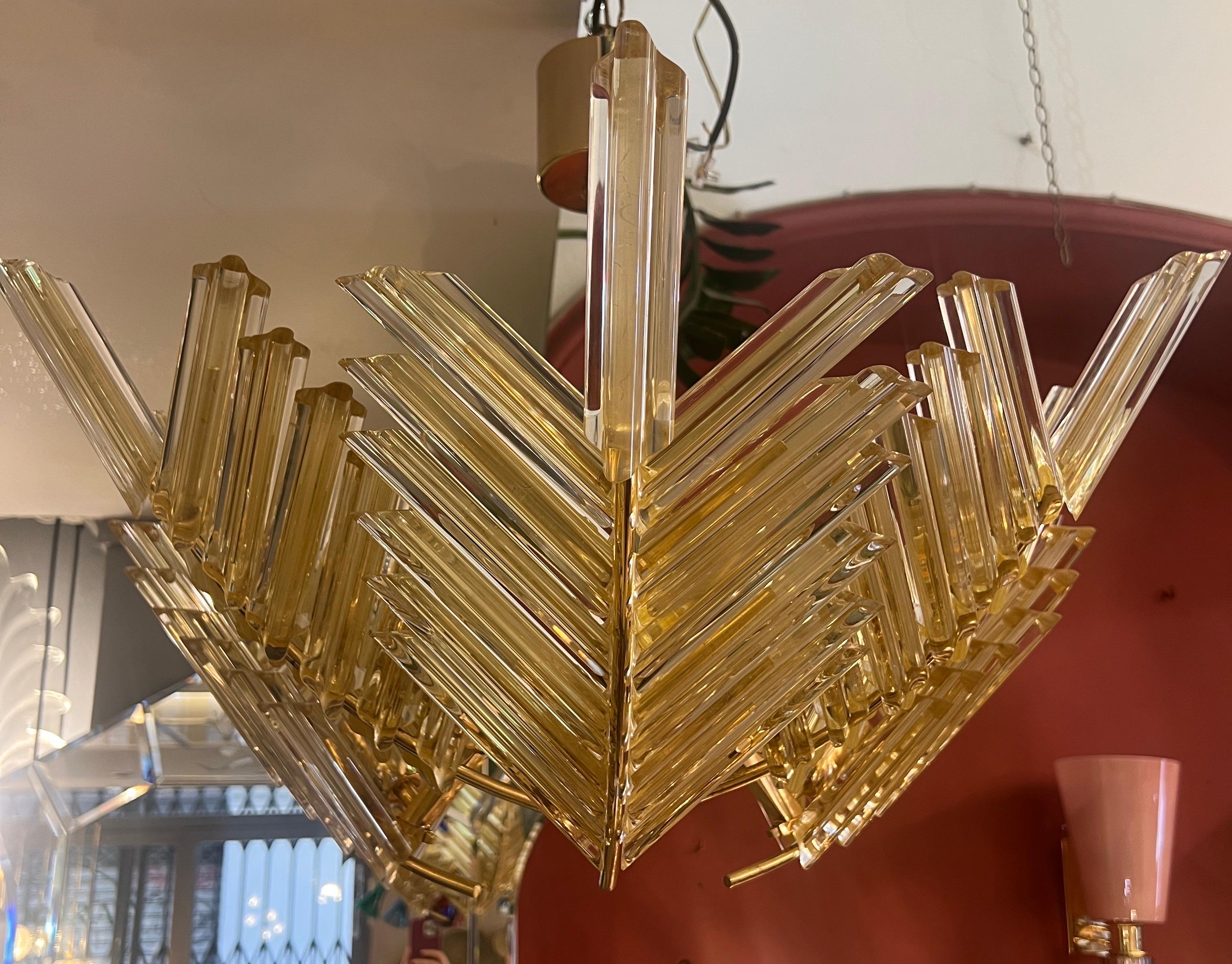 Vintage Gold Murano Glass Palm Leaves and Brass Chandelier 1970 For Sale 1