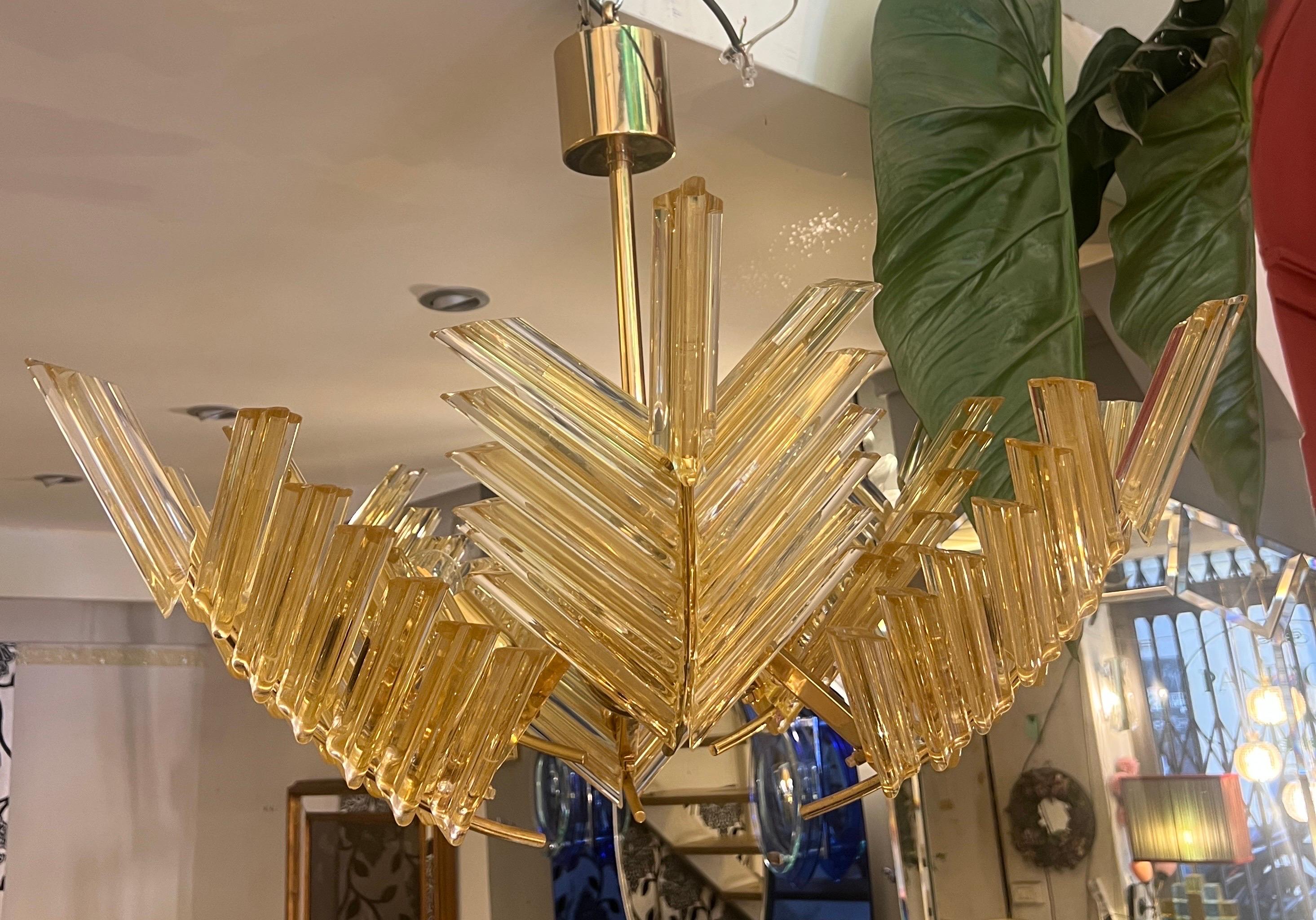 Vintage Gold Murano Glass Palm Leaves and Brass Chandelier 1970 For Sale 2