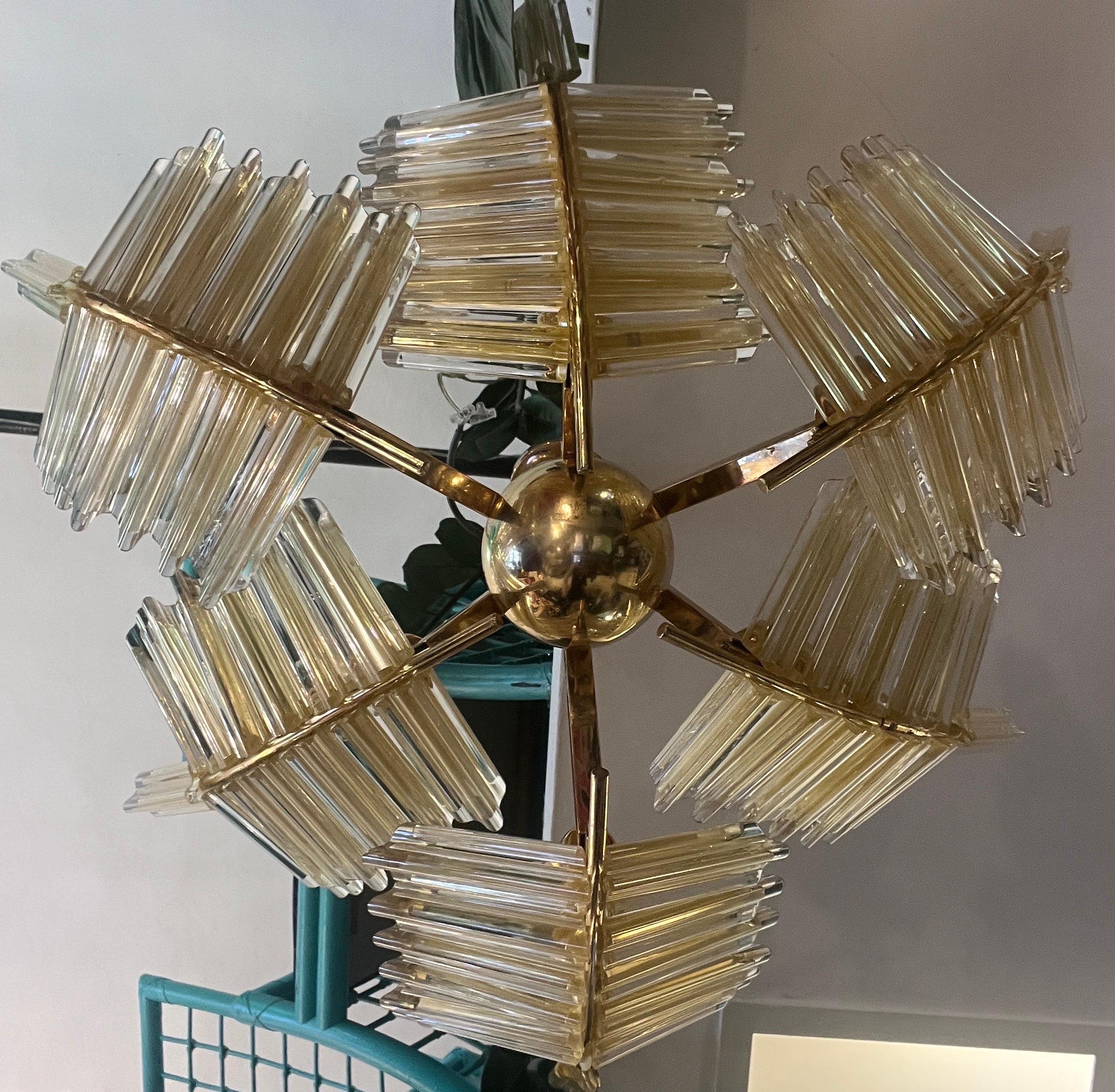 Vintage Gold Murano Glass Palm Leaves and Brass Chandelier 1970 For Sale 3