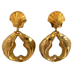 Vintage Gold Nautical Fish Seashell Statement Earrings 