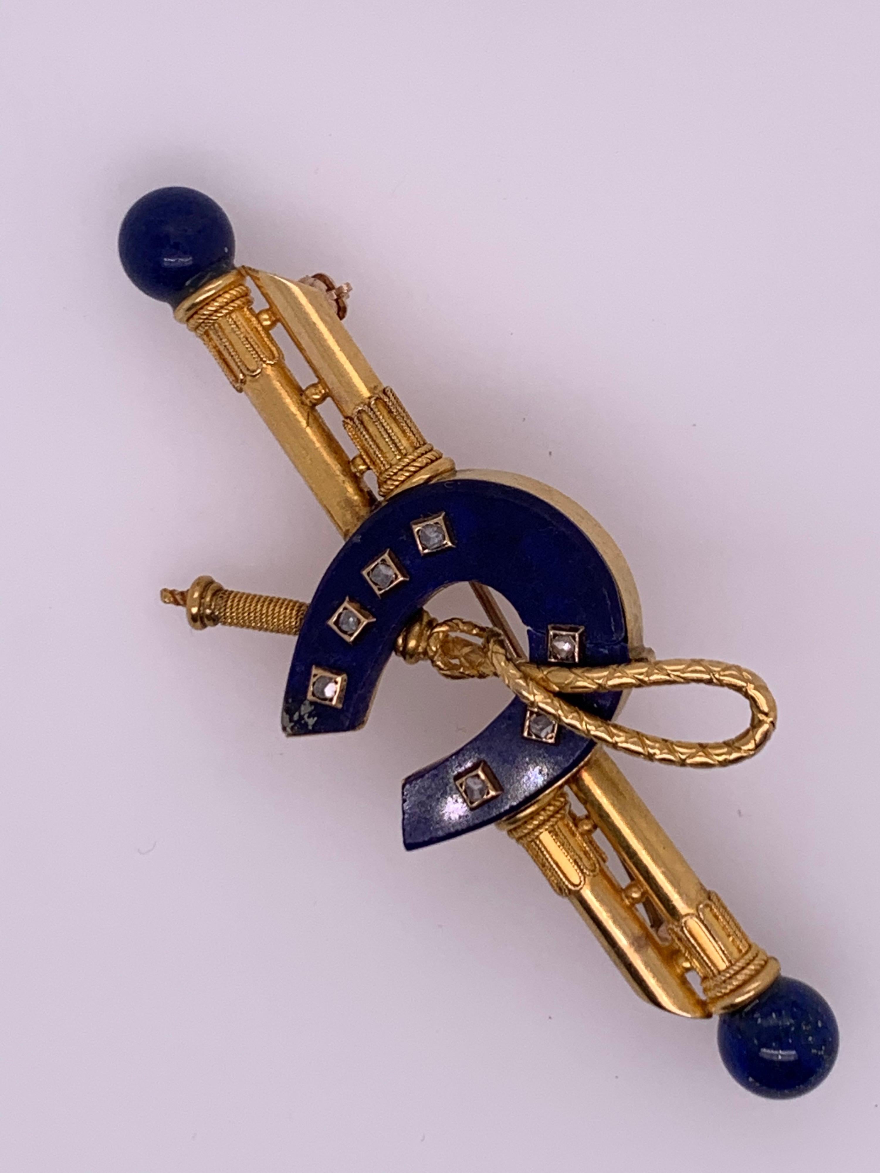 Artisan Gold Nautical Sailor Brooche Natural Blue Lapis and Diamond Pin, circa 1970 For Sale