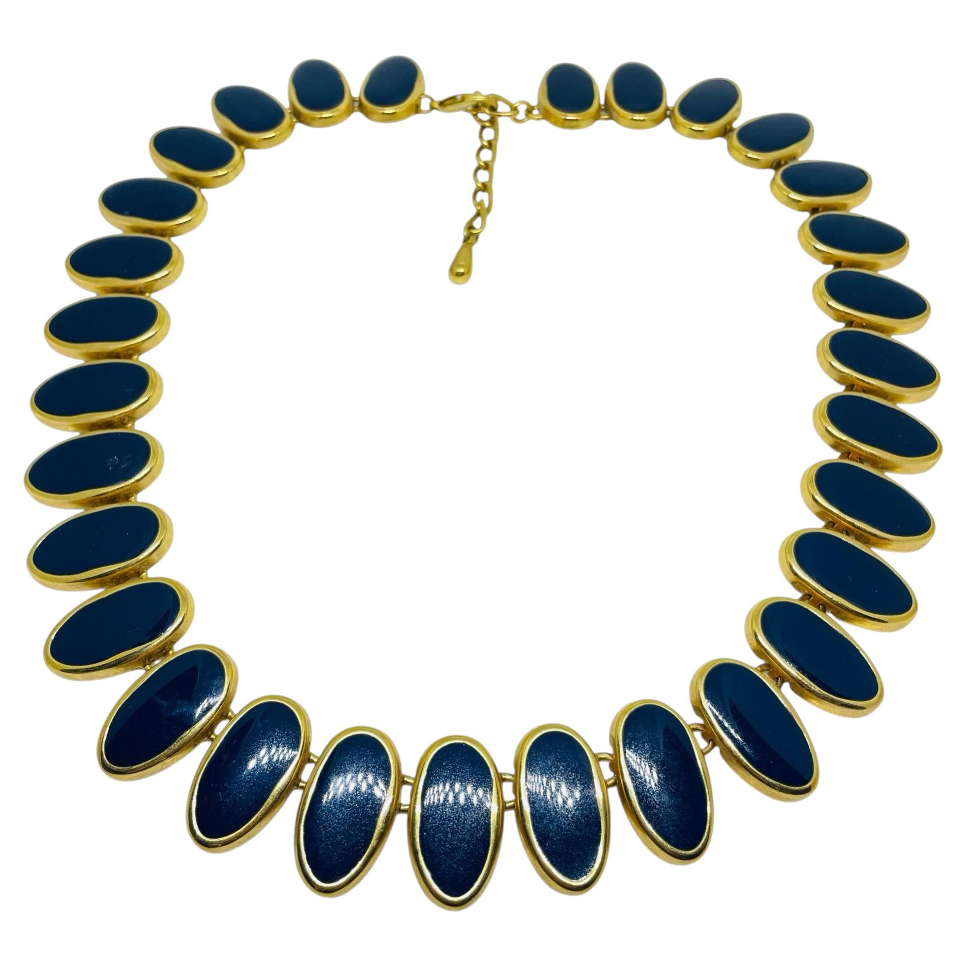 Vintage gold navy blue enamel modernist link designer necklace For Sale