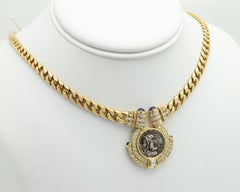 Collier vintage en or avec pièce romaine antique et diamants, en or jaune 18 carats