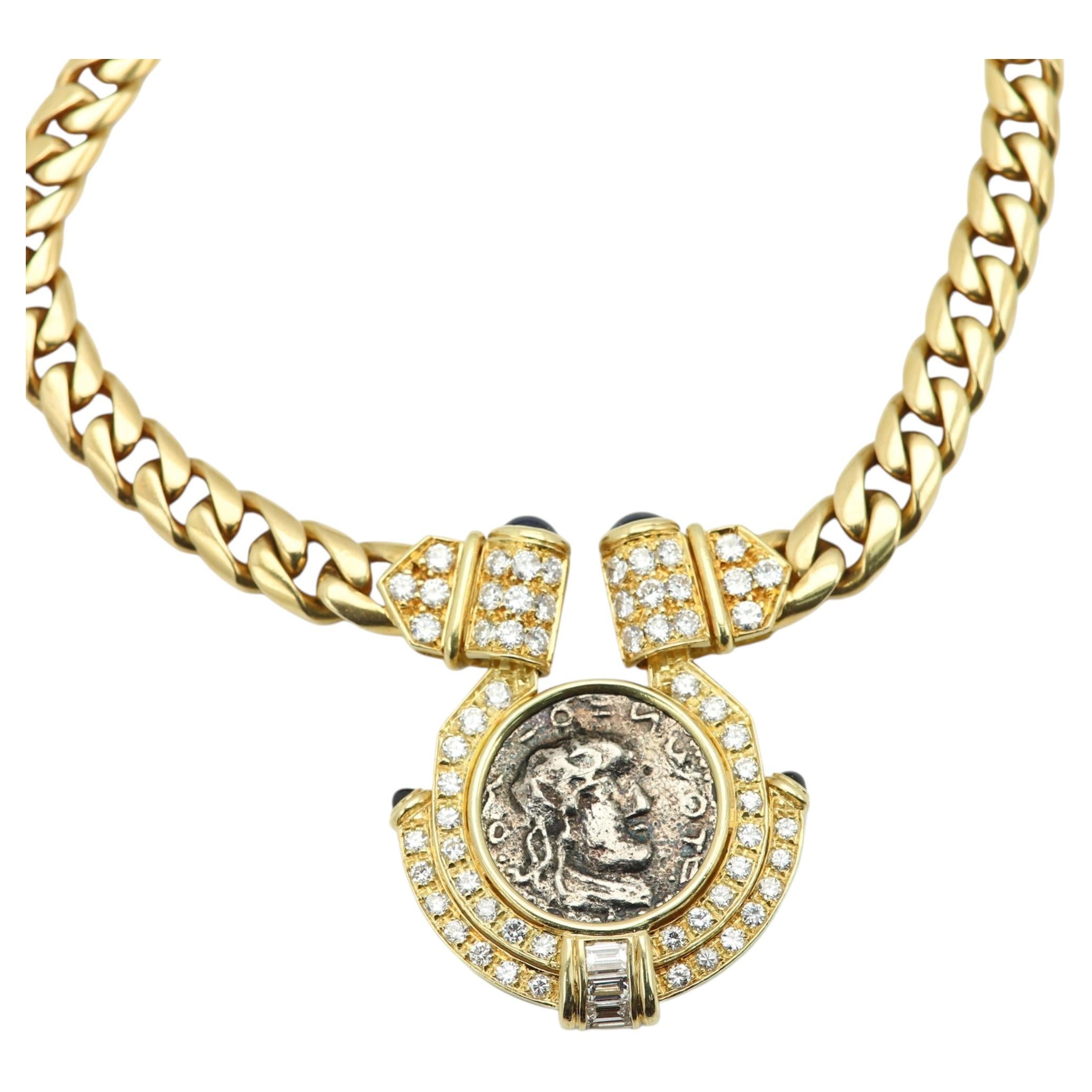 Collar vintage de oro con moneda romana antigua y diamantes, de oro amarillo de 18 quilates