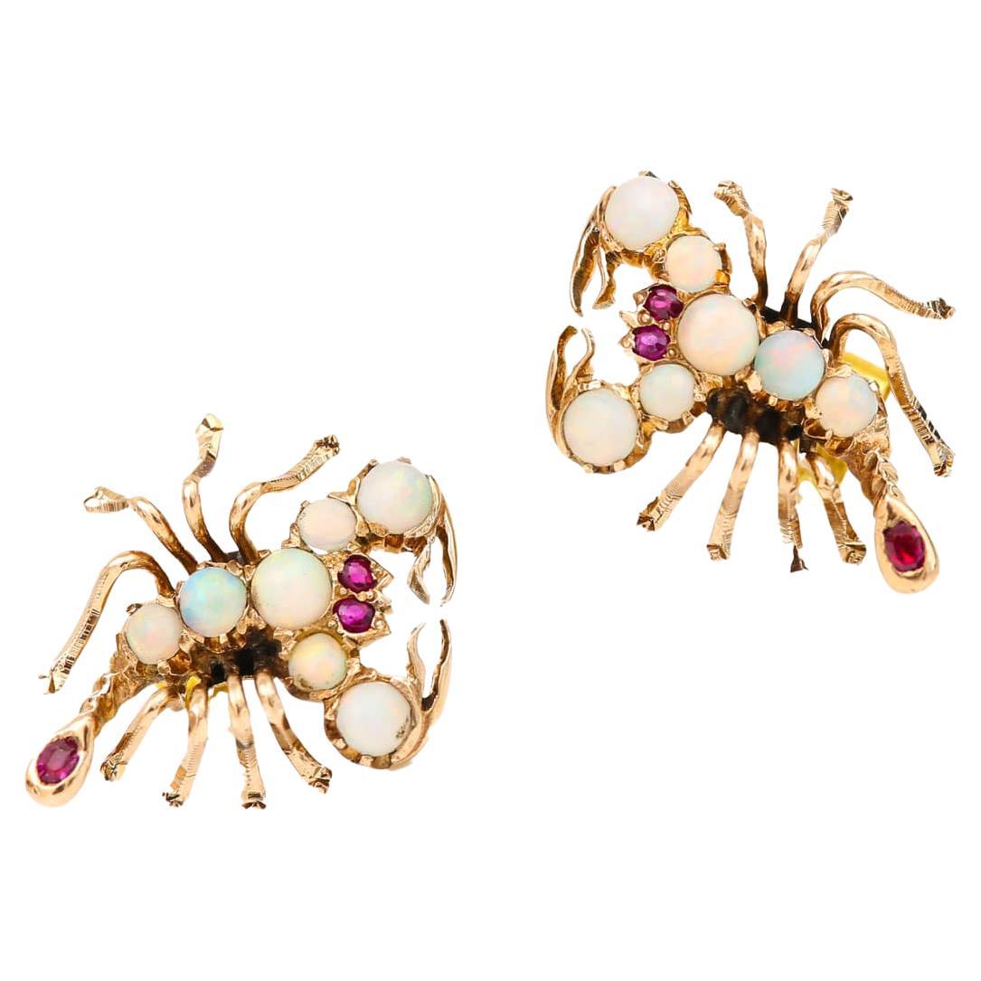Vintage Gold, Opal and Ruby Scorpion Earrings, Circa 1990 For Sale