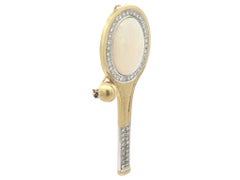 Vintage Gold Opal & Brilliant Diamond Tennis Racket Brooch Pin Pendant