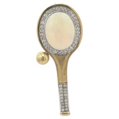 Vintage Gold Opal & Brilliant Diamond Tennis Racket Brooch Pin Pendant