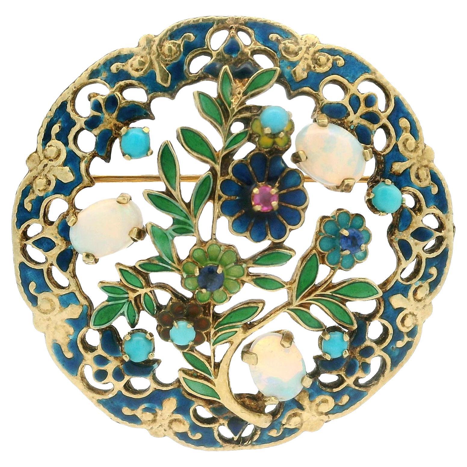 Vintage Gold Opal Turquoise Sapphire & Ruby Enamel Floral Round Brooch Pendant