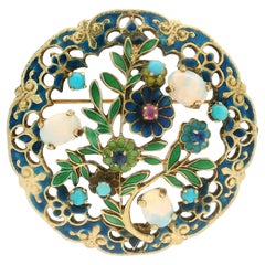 Vintage Gold Opal Turquoise Sapphire & Ruby Enamel Floral Round Brooch Pendant