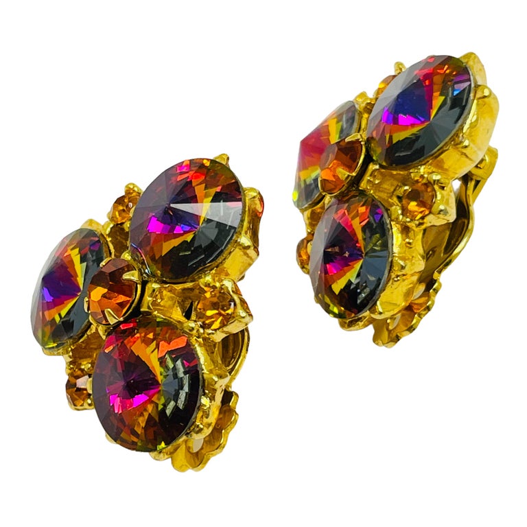 Vintage gold orange watermelon glass designer runway clip on earrings