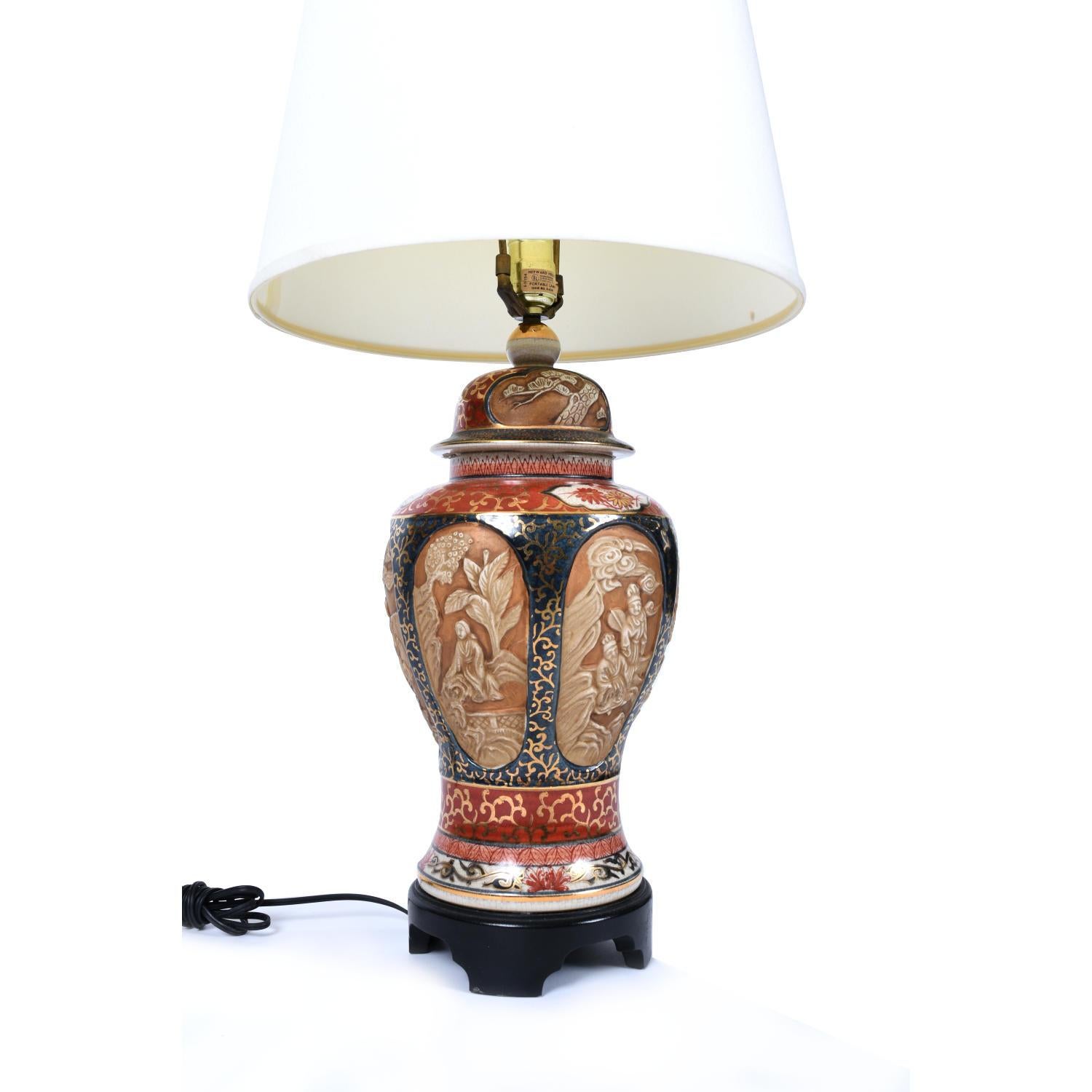 Vintage Gold Oxblood Red and Blue Ornate Chinese Porcelain Lamps 4