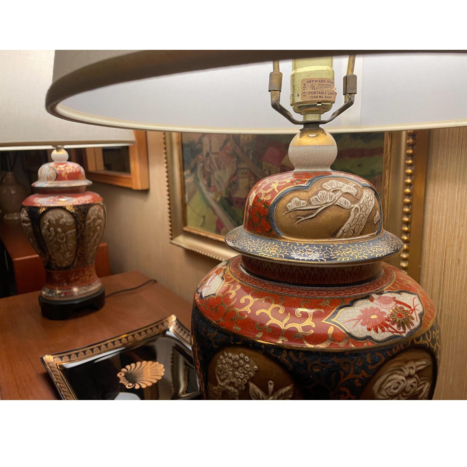 Vintage Gold Oxblood Red and Blue Ornate Chinese Porcelain Lamps 5