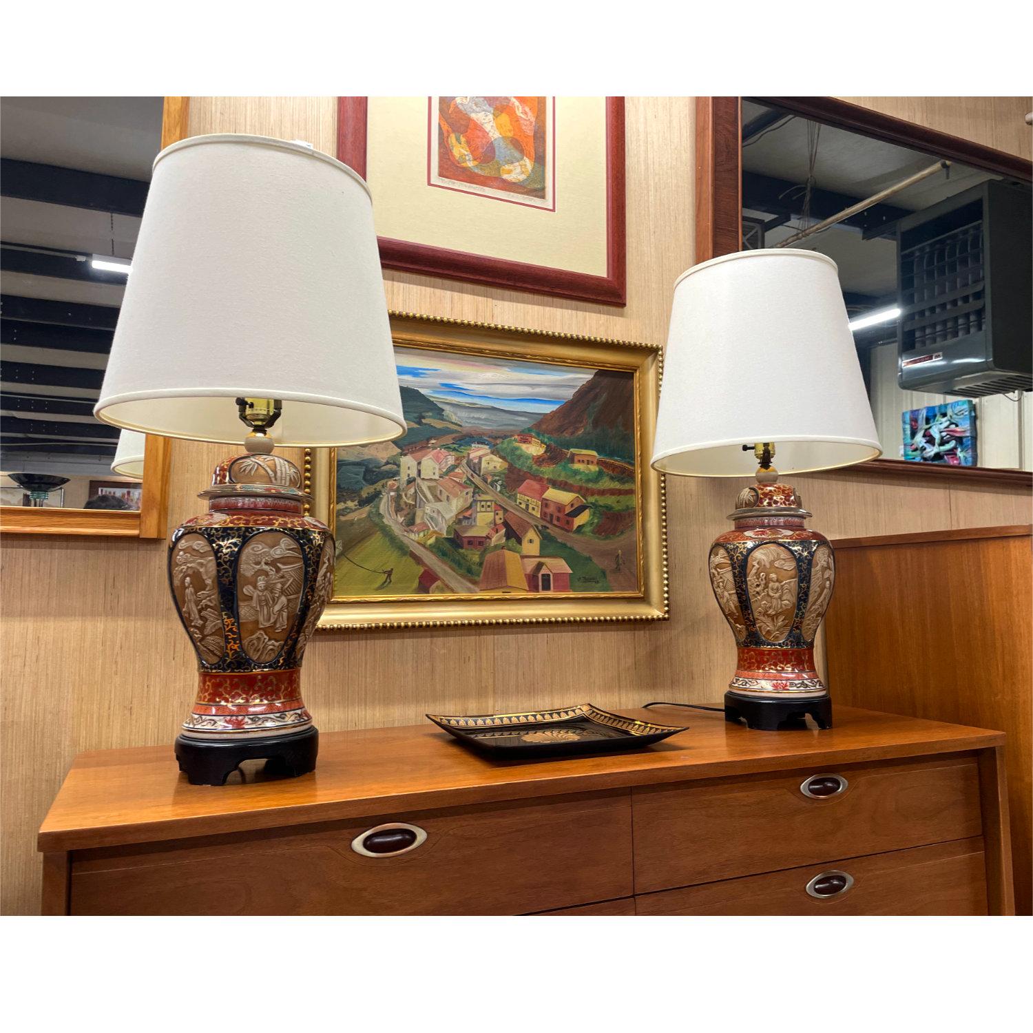 Chinoiserie Vintage Gold Oxblood Red and Blue Ornate Chinese Porcelain Lamps