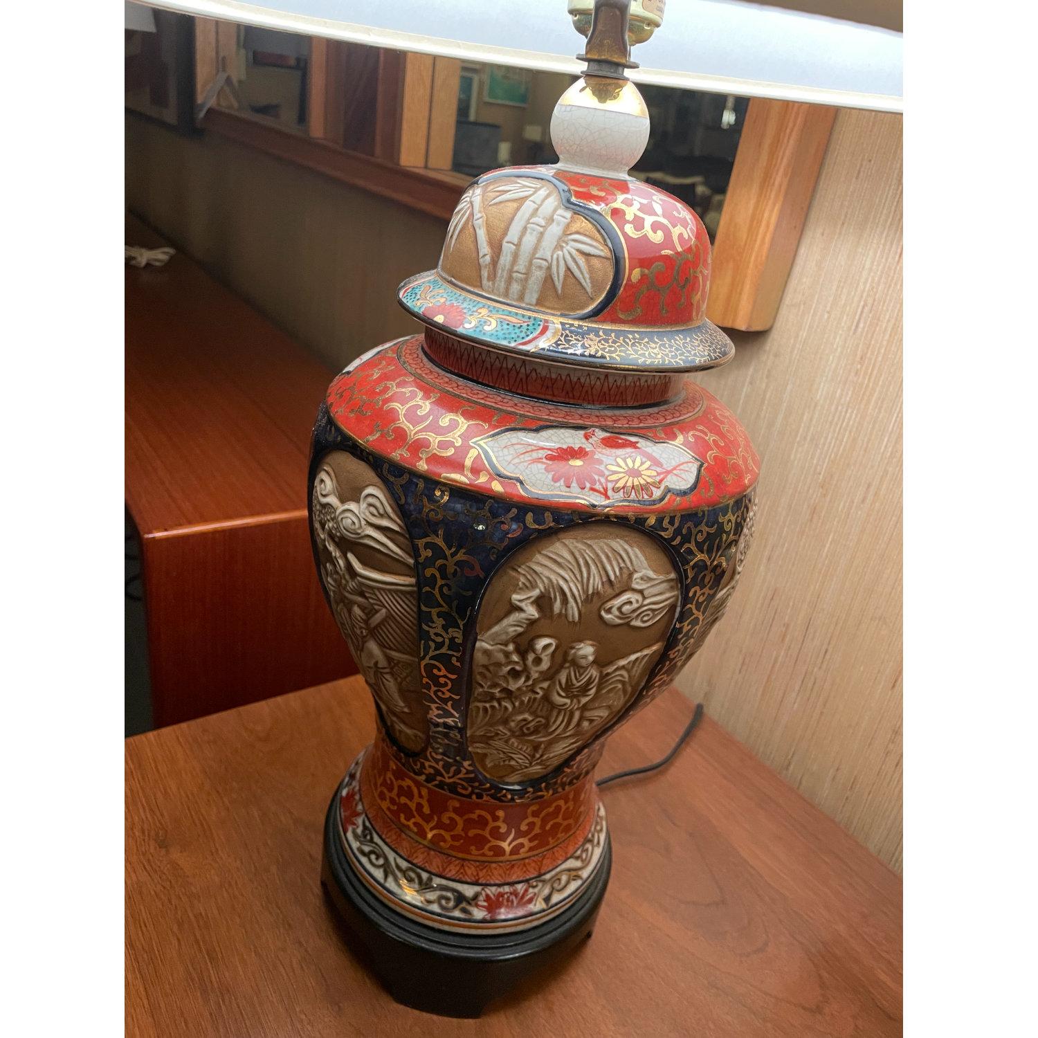 Vintage Gold Oxblood Red and Blue Ornate Chinese Porcelain Lamps 2