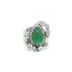 Vintage Gold & Palladium GIA 3.35ct Pear Cabochon Emerald & Diamond Band Ring