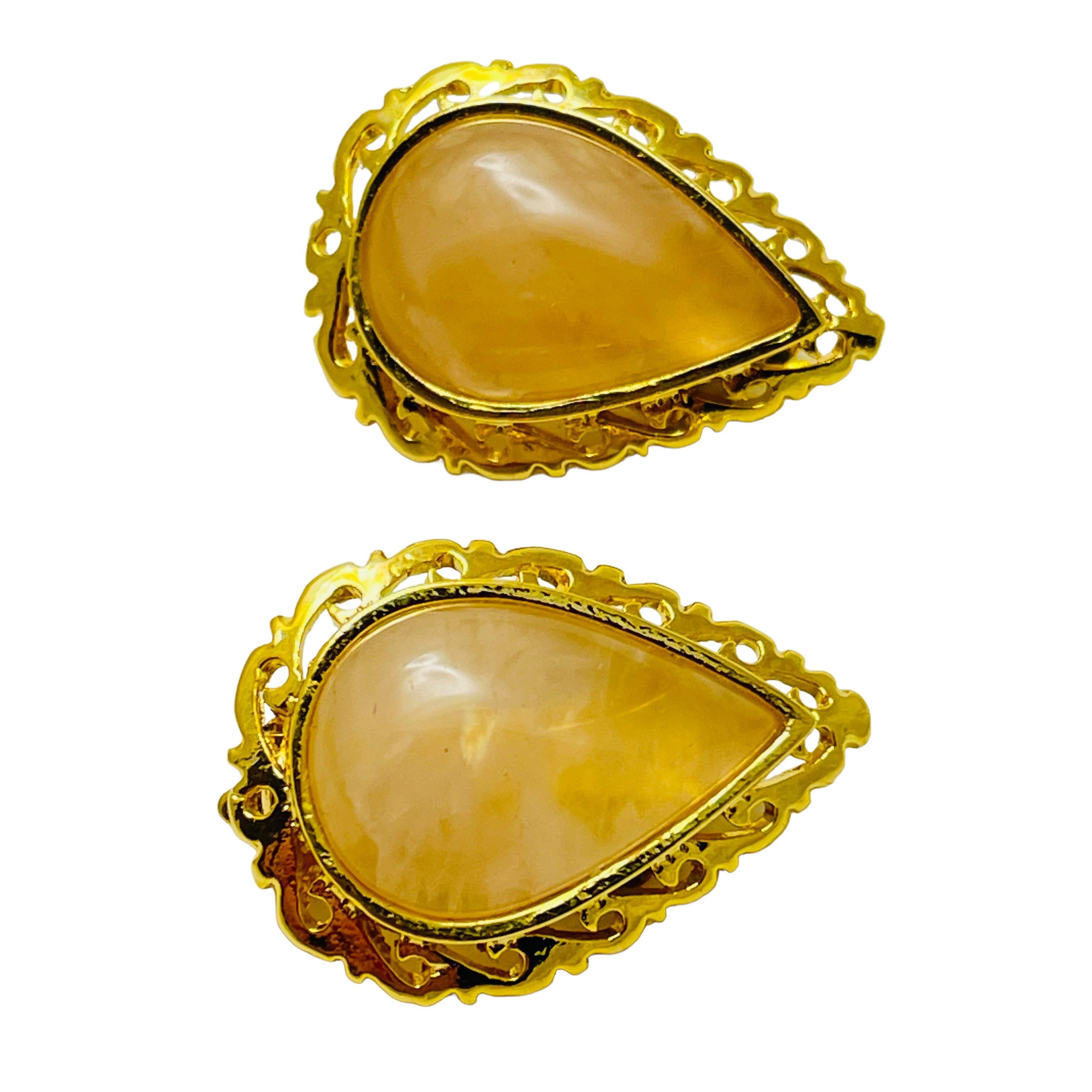 Women's or Men's Vintage gold peach glass designer runway clip on earrings For Sale
