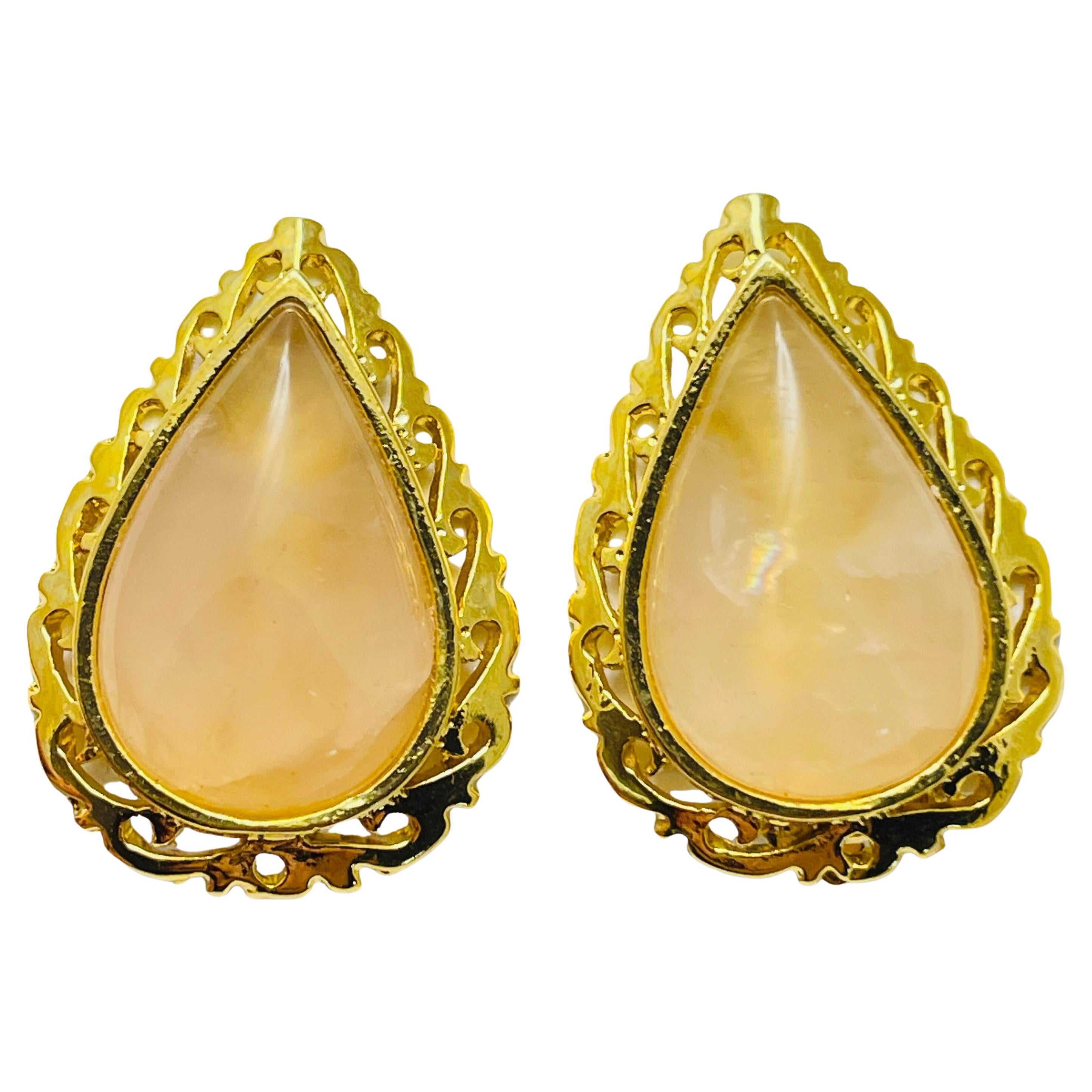 Vintage gold peach glass designer runway clip on earrings For Sale