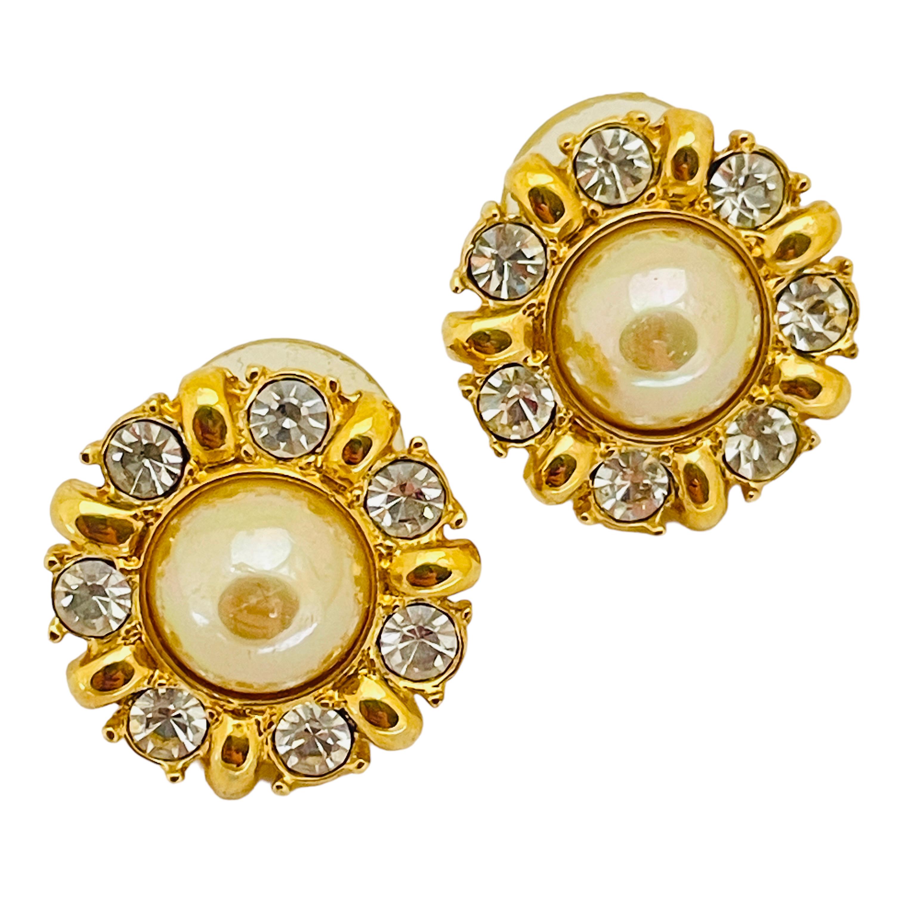 Women's or Men's Vintage gold pearl crystal pierced 80’s earrings   For Sale