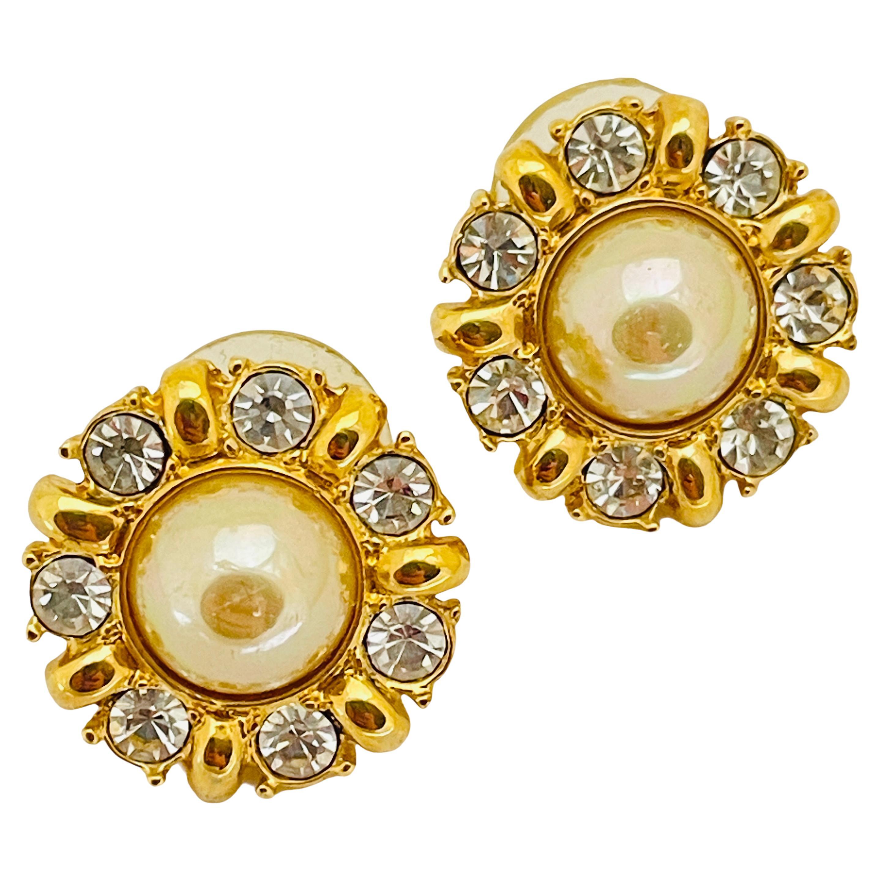 Vintage gold pearl crystal pierced 80’s earrings   For Sale
