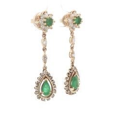 Vintage Gold Pear & Round Emerald Diamond Long Teardrop Flower Dangle Earrings