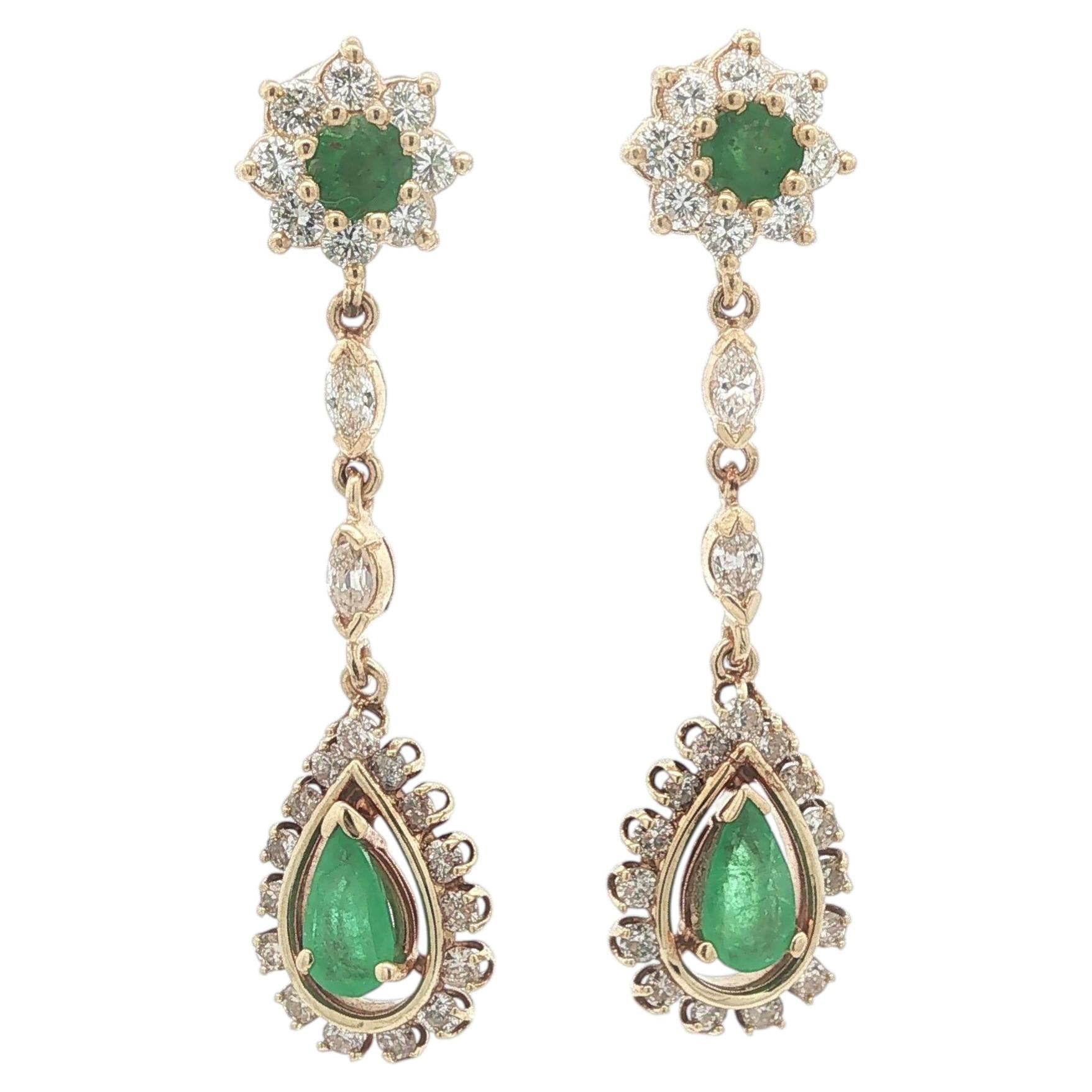 Vintage Gold Pear & Round Emerald Diamond Long Teardrop Flower Dangle Earrings