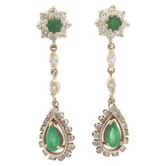 Vintage Gold Pear & Round Emerald Diamond Long Teardrop Flower Dangle Earrings